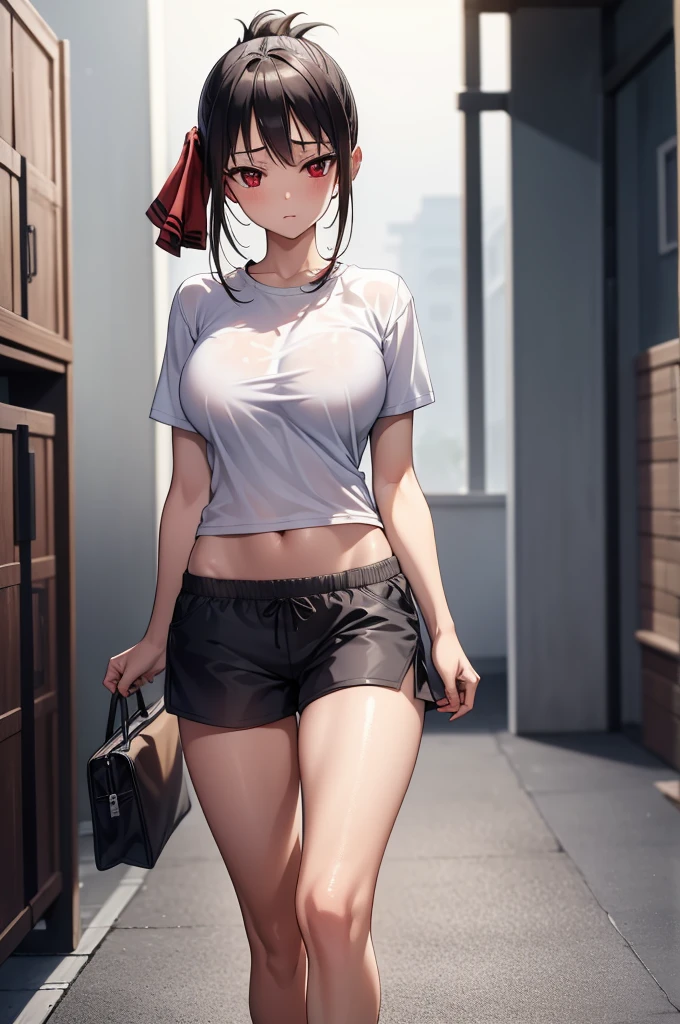 2d, masterpiece, best quality, anime, highly detailed, cowboy shot, 1girl, solo, kaguya shinomiya, red eyes, black hair, hort hair, folded ponytail, hair ribbon, gym shorts, sport shorts, shorts for woman, running shorts, casual sportshorts, shirt, sport shirt, oversized shirt, large oversized shirt, medium sized breasts, medium breasts, medium chest, high quality, 8k, best picture, detailed, high resolution, best pictrure, photo realistic, beautiful image, best image