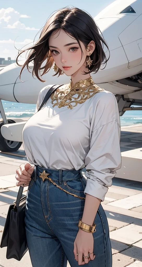 ((masterpiece,intricate details)),1girl,mature female,brown eyes,Shaggy cut,,:3,huge breasts 
BREAK 
, Blue_halter-neck_jumpsuit, white_block_heels, rattan_box_bag, chunky_gold_bracelet, statement_ring, 
BREAK 
day,snow,windy,blue sky,ice,((cumulonimbus)),((cowboy shot)),from above:1.2,depth of field,looking at viewer,
