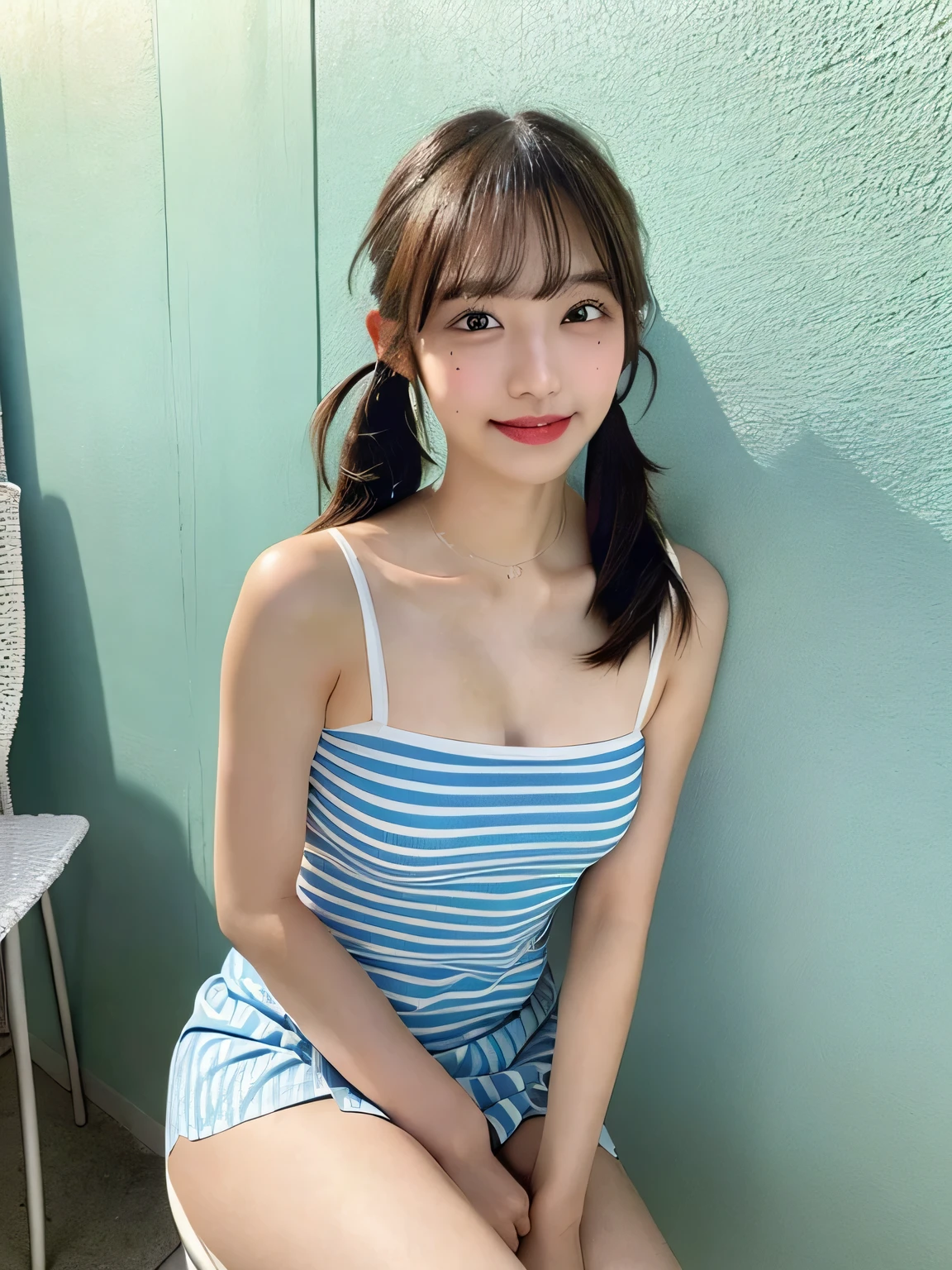 one person、、Full body photo、slender、woman、White drool coming out of the mouth、smile、Short Twin Tails、Stick your butt out、 Fair skin, messy hair, super cute、Soft and Face、8K resolution、Surreal、Ultra high definition、 A-cup small breasts((Highest resolution、8k、masterpiece:1.3))、Ultra-fine face、Ultra Fine Lips、Beautiful Eyes、double eyelid,Light blue wall、White striped bandeau dress:1.1、Thighs、thin,Thighs are visible、Shapely small breasts、Sitting in a chair
