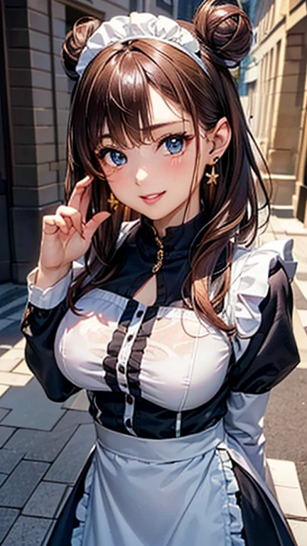 A girl is posing for a photo, cute女の子, Enchanting girl,
(((UHD)), ((highest quality)), ((masterpiece)), (Very detailed), (High resolution), (Beautiful detailed sparkle), (High detail), (Anatomically correct)), ((Realistic)), ((The best CG)), Ultra-detailed art, CG illustration, 16k, 1080P, Oil paints:1.2,
(((One Woman))),
(Symmetrical facial features:1.4, Perfect Face), Beautiful clavicle, (Beautiful fingers), (Beautiful breasts, (Dcup)),
Beautiful body, Beautiful thighs, Beautiful feet, Perfect round butt, (((Detailed skin, Oily skin, Textured skin, Beautiful Skin))),
(((Baby Face, cute, ))),
(Droopy eyes, Expression of fine eyes, Beautiful and delicate eyes, Sparkling eyes, Eye Reflexes, Dark blue eyes),
(Beautiful Nose,Thin Nose),
(Glossy Lips, Beautiful Lips, thick lips),
(Beautiful Hair, Shiny Hair, Shiny Hair), Hair fluttering, (Red hair, doughnut hair bun, hime cut),
(Maid clothes、(Long skirt:1.2)、(Long sleeve black shirt:1.2)), Earrings、Gold Necklace、
(grin,),
BREAK
(noon、(Western-style buildings, Courtyard of the mansion)), ((Seductive pose, Cowboy Shot))