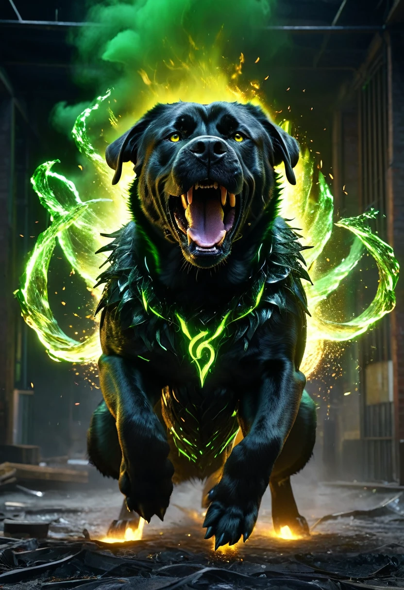 fire mastiff_black_dog, perfect detailed, yellow_green flames, fierce expression, wrath face, dodging, swing claws, massive debris, neon light, UHD, hyper realism, unreal engine, epic Realism
