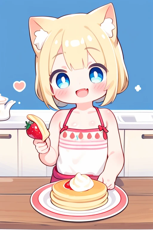 1girl,  solo,  sitting,  watercolor,  cute,  strawberries,  melted butter,  fresh cream,  real and delicious,  blonde hair,  shoulder-length,  no hair accessory,  blue eyes,  round eye shape,  smiling expression,  flat chest,  casual clothing with pancake patterns,  background: kitchen with a warm and cozy atmosphere.Cat ears