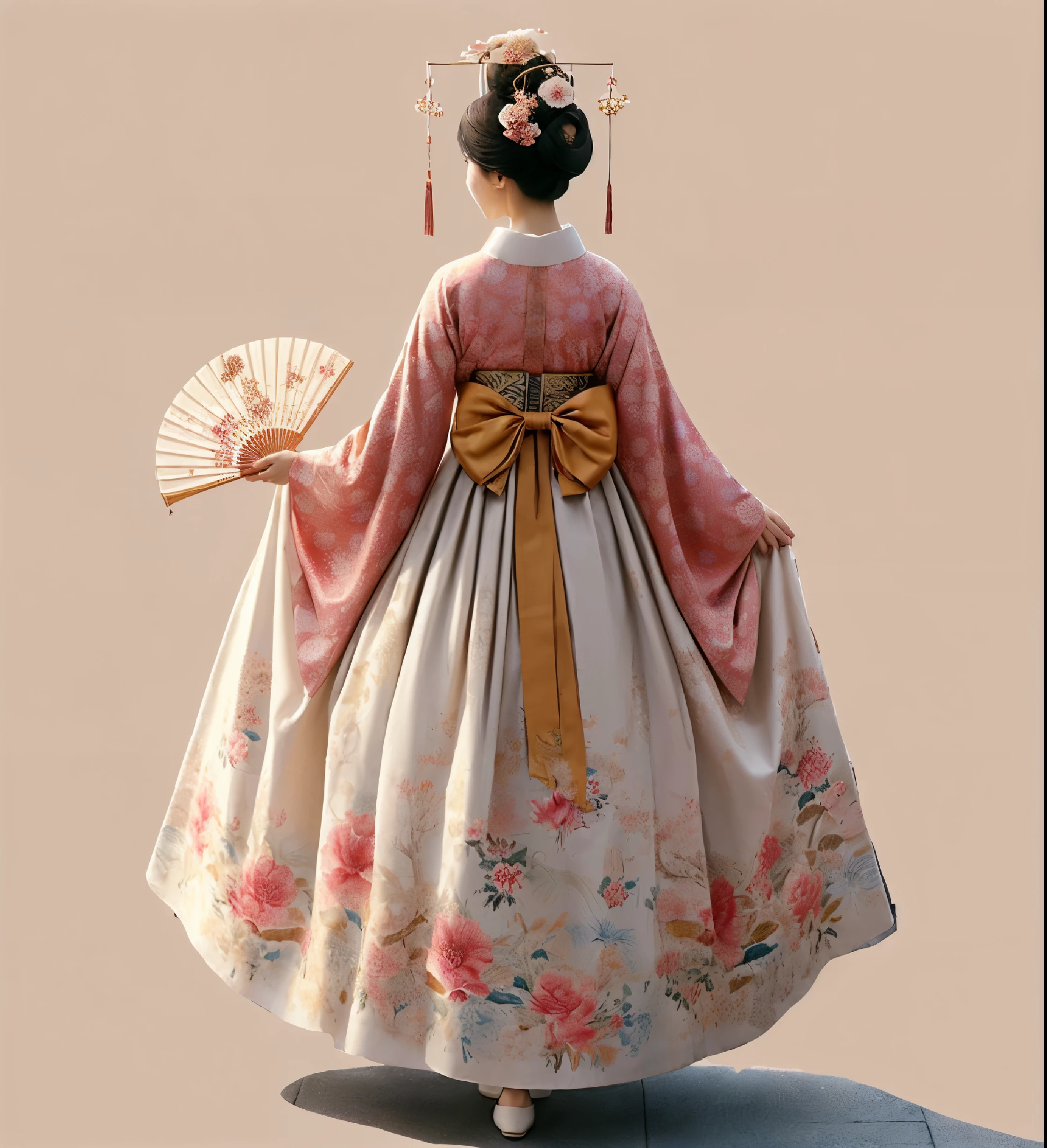 there is a woman in a kimono dress holding a fan, palace , a girl in hanfu, ancient chinese princess, hanfu, ancient asian dynasty princess, hanbok, ancient china art style, wearing ancient chinese clothes, korean hanbok, traditional chinese clothing, chinese costume, traditional dress, beautiful render of tang dynasty, traditional geisha clothing, japanese clothes