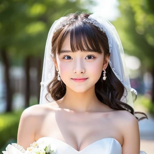 (Highest quality、Tabletop、8k、Best image quality、Award-winning works)、One beautiful bride、(alone:1.1)、(The most extravagant and gorgeous huge pure white wedding dress:1.1)、(Perfect Wedding Lace:1.2)、(The most gorgeous and luxurious giant tiara:1.3)、(The most extravagant and luxurious giant necklace:1.3)、(Tiara adorned with huge jewels:1.3)、(Large Breastsの谷間:1.1)、(Large Breasts:1.1)、Smiling widely and showing beautiful teeth、Look at me with your best smile、The finest jewellery decoration、Perfect Makeup、Long eyelashes、Ultra HD Shining Eyes、Ultra HD Hair、Ultra High Resolution Glossy Lips、Ultra High Resolution Perfect Teeth、Beautiful face in ultra-high definition、(Accurate anatomy:1.1)、Very bright and beautiful skin、very bright and vivid、Beautiful glossy lips、Perfect beautiful bridal hairstyles、(Front facing body:1.1)、Beautiful sunlight filtering through the trees、Fantastic Fog、Spectacular Cinema Lighting、Beautiful sparkling forest、(Mysterious and fantastical forest background:1.2)