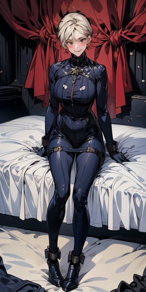 (masterpiece), (best quality), (ultra-detailed), line drawing, skindentation, (high resolution), (shackles on legs and arms inside bed), (high quality, best rendering), (8k), sharp focus, highres, 1sologirl milf, full body, fetal positon on bed, (high quality:1.2), (high detail:1.2), (masterpiece:1.2), (extremely detailed:1.2) Hilda Greyrat, red cheeks smile closed mouth