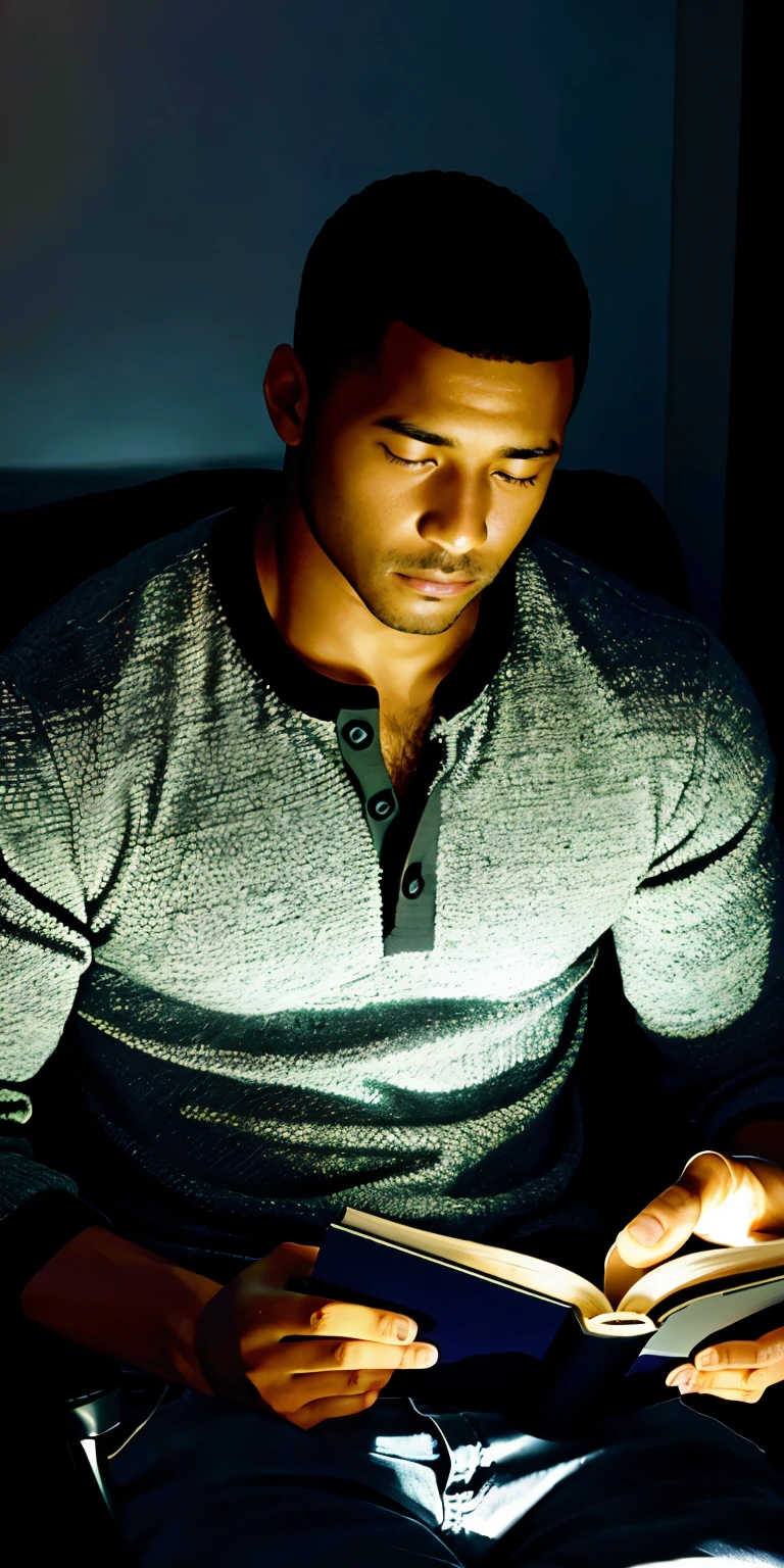 A black man concentrating on reading a book in the dark
