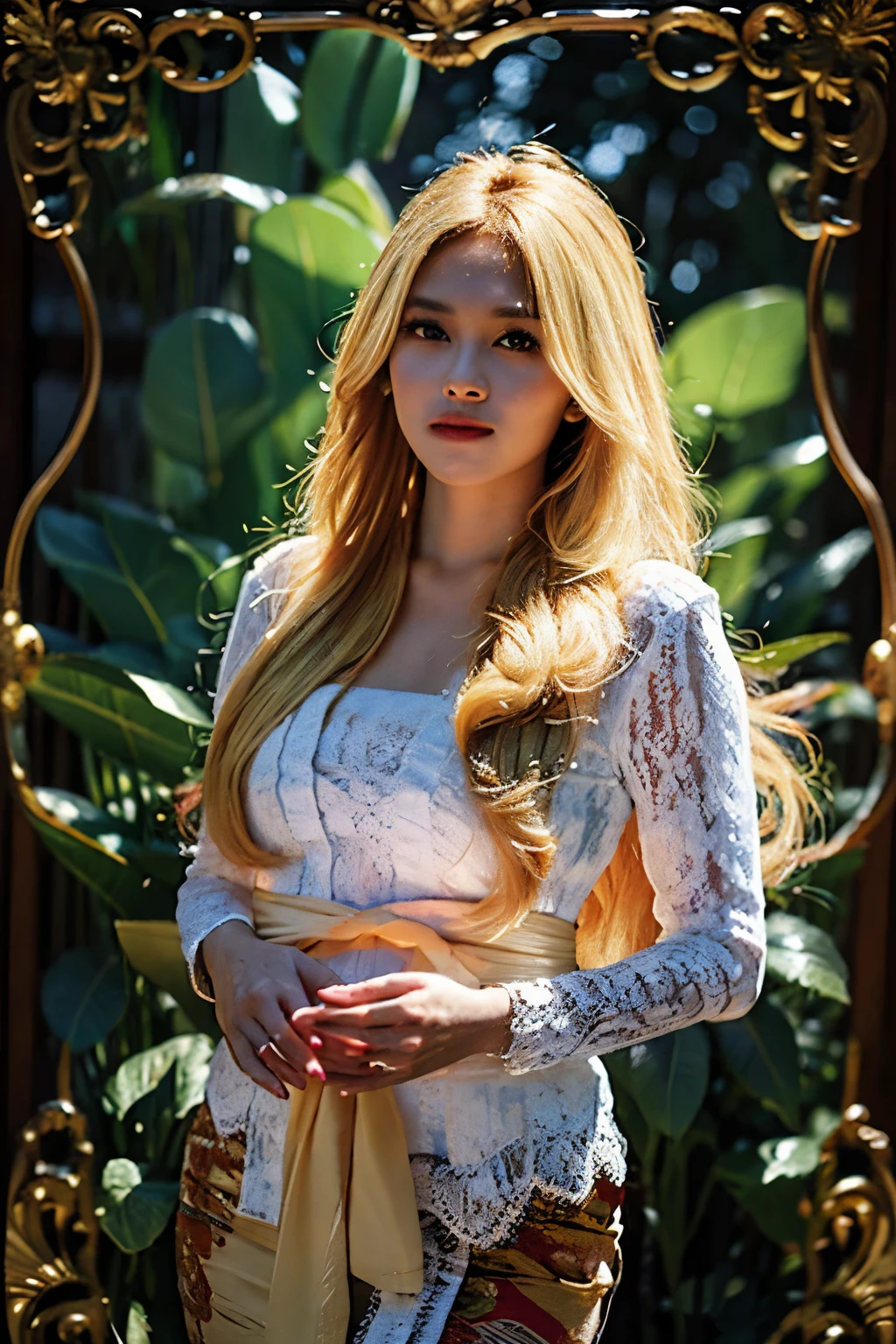 Hyperrealist portrait of female indonesian big breast topless wearing opened white balinese kebaya, long wavy blonde hair, by david hockney and alphonse mucha, fantasy art, photo realistic, dynamic lighting, artstation, poster, volumetric lighting, very detailed faces, 4 k, award winning,, 1girl, in the dark, deep shadow, low key, super details, view full body modeling pose