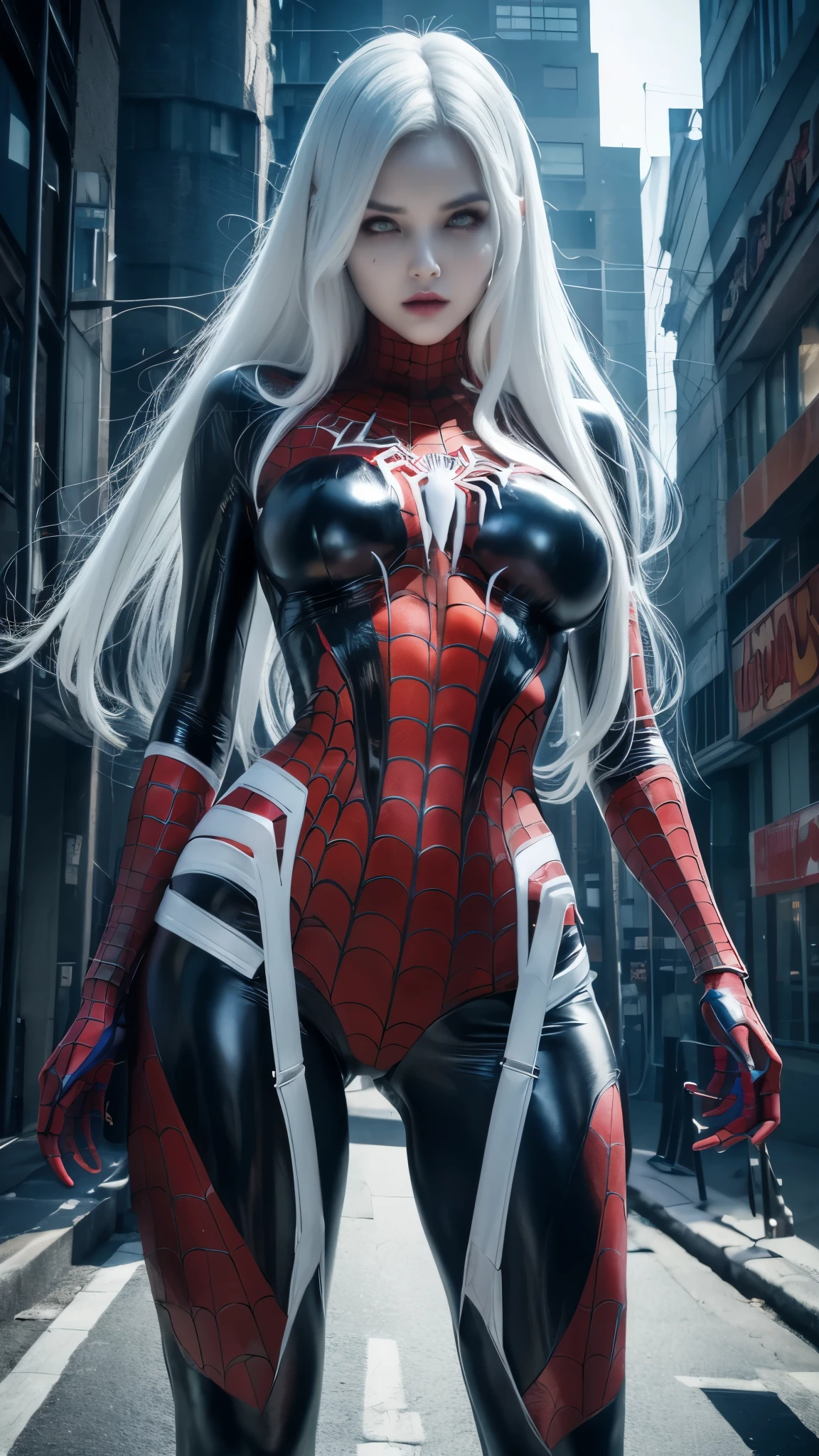 Translucent fine platinum color mechanical girl, Futuristic girl, ((woman/demon/skeleton/zombie/Spiderman red/)), Mechanical joint, futuristic urban background, ModelShoot style, (Highly detailed Cg Unity 8K Wallpaper), Abstract style beauty,, surrealism, 8K, Super detailed, Best quality, Awarded, Anatomically correct, 16k, Highly detailed,big tits , cameltoe , white hair