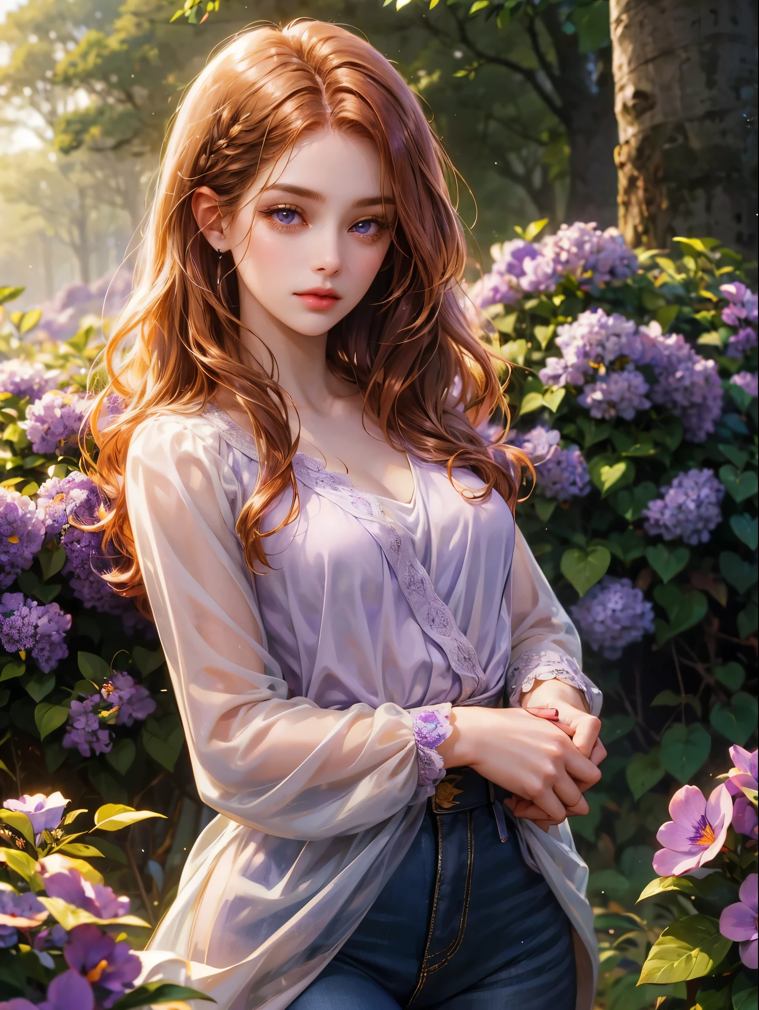A girl, medium copper colored hair, wavy hair, small breast, no bangs and violet eyes. She wears a violet shirt with long jeans, beautiful girl, detailed eyes, detailed face, detailed hands, she looks at the viewer. Full figure. Background a forest, she is wrapped in amethyst flowers
