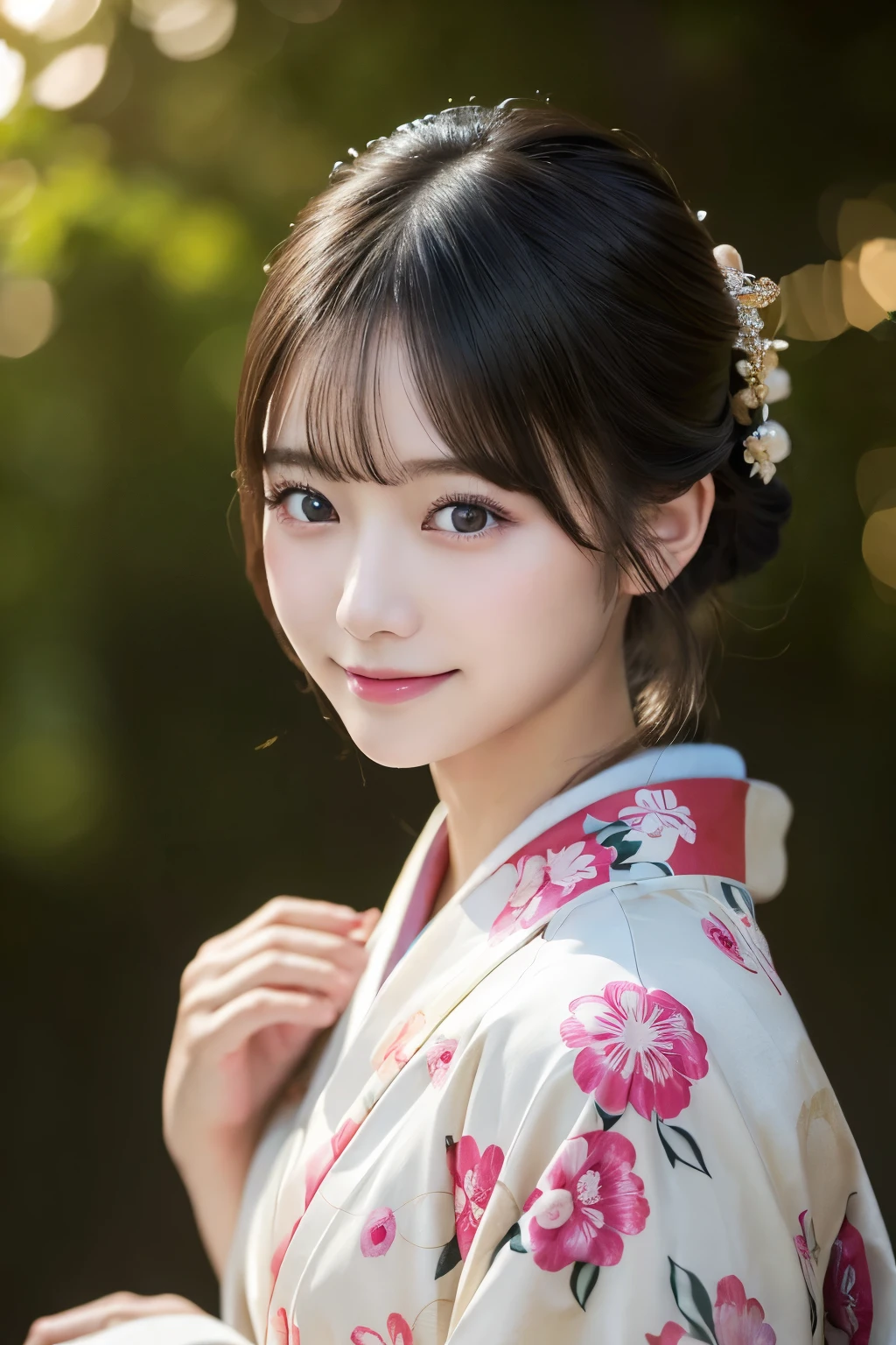 (kimono)、masterpiece、beautiful girl、Beautiful detailed eyes、highest quality, 超A high resolution, (reality: 1.2), Cinema Lighting、(Japanese Girls)、so beautiful、Beautiful Skin、(Looking at the audience)、(Surreal)、(High resolution)、(8k)、(Very detailed)、(Beautiful fine details)、(Very detailed)、 (wallpaper)、Detailed face、Bright lighting、Professional Lighting、Smile