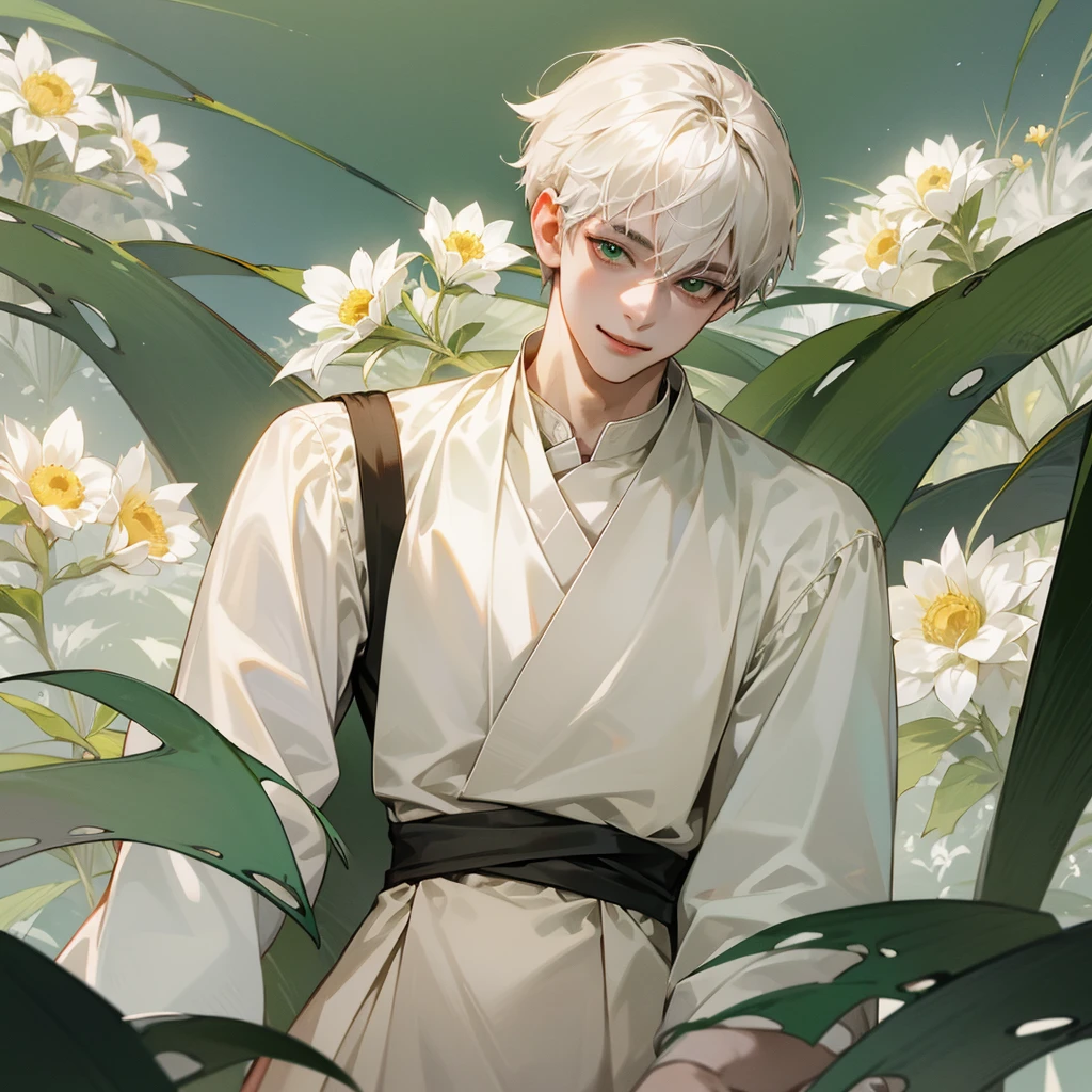 high quality, detailed, 
young man , 4K UHD, super detail, best quality, detailed eyes, masterpiece, young ,21years old ,white short hair ,green beautifull eyes,sweet smile ,quiet expression,beautiful smile,casual outfit