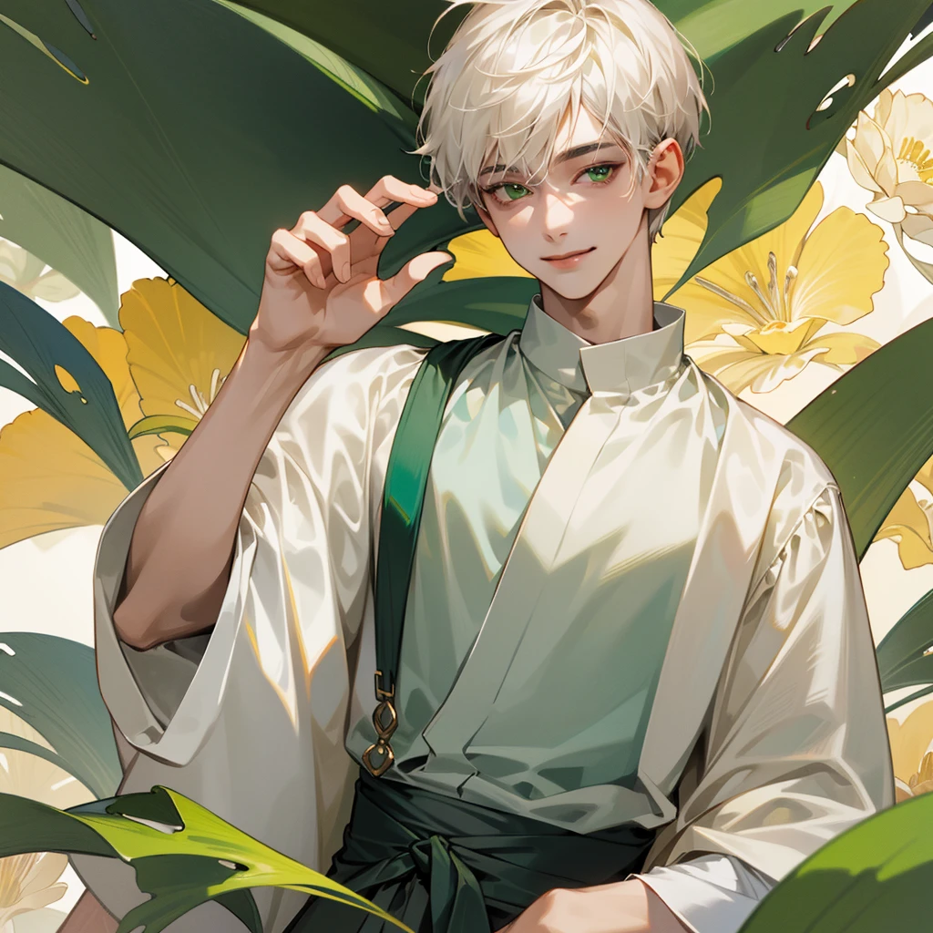 high quality, detailed, 
young man , 4K UHD, super detail, best quality, detailed eyes, masterpiece, young ,21years old ,white short hair ,green beautifull eyes,sweet smile ,quiet expression,beautiful smile,casual outfit
