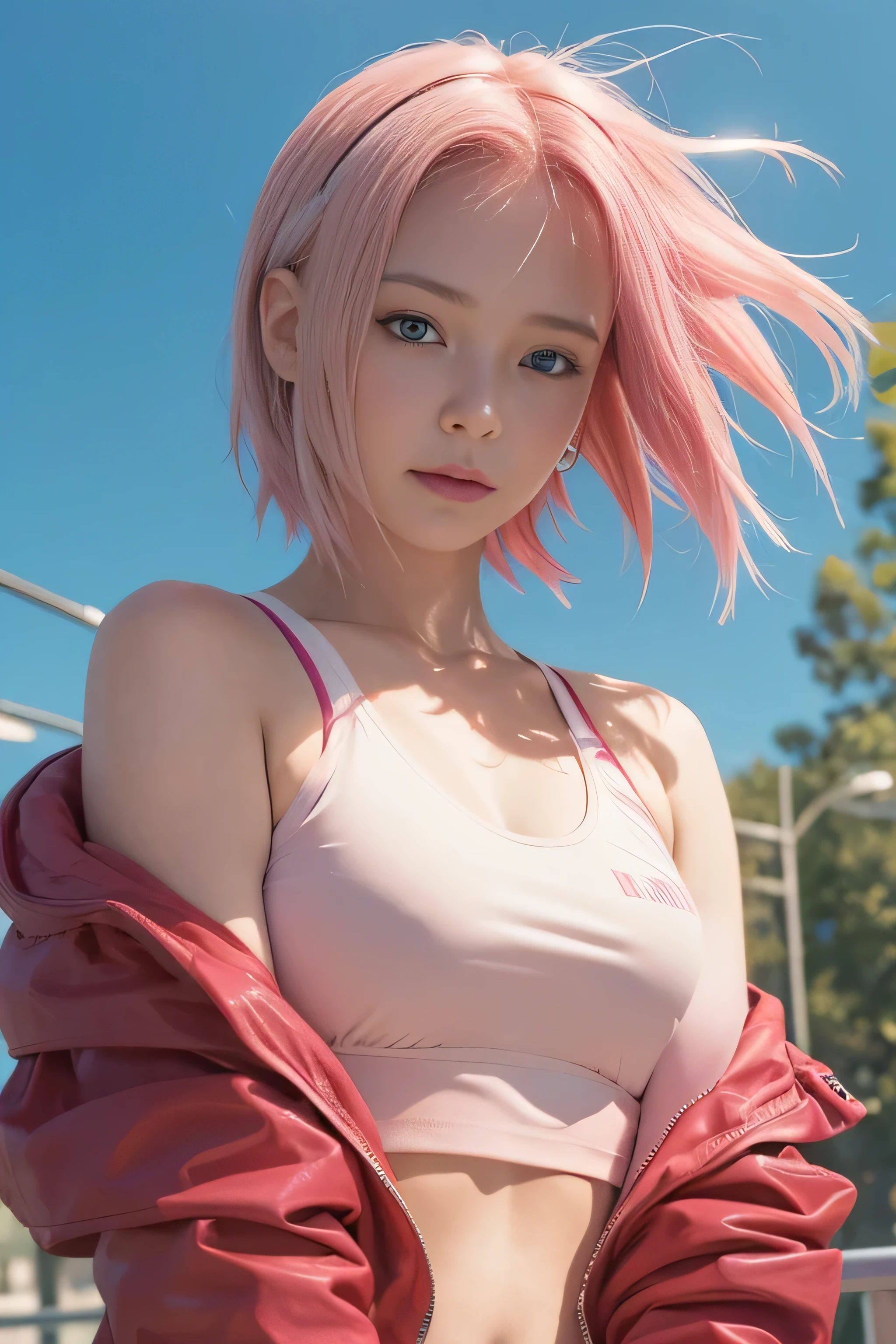 masterpiece, best quality, (realistic,photo-realistic:1.4), (RAW photo:1.2), extremely detailed CG unity 8k wallpaper, delicate and beautiful, amazing,finely detail, official art, absurdres, incredibly absurdres, huge filesize, ultra-detailed,extremely detailed eyes and face,light on face,(little smile)sakura haruno,(pink hair hair:1.4),(short hair:1.4),(wearing sport bra:1.4),nature,red jacket