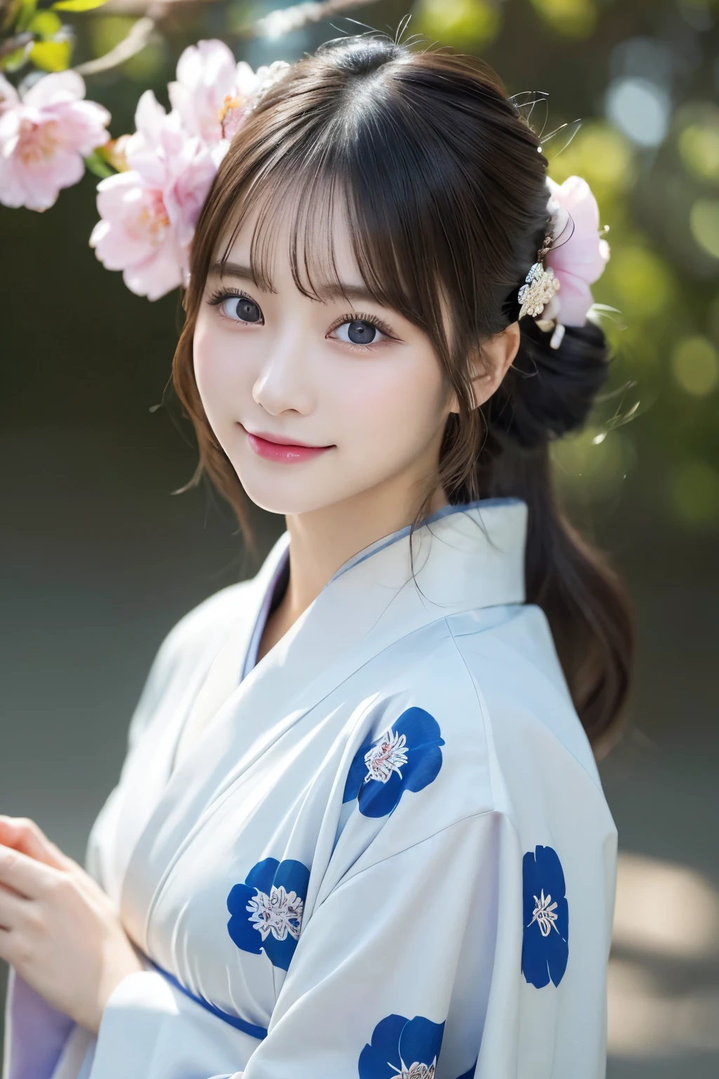(kimono)、masterpiece、beautiful girl、Beautiful detailed eyes、highest quality, 超A high resolution, (reality: 1.2), Cinema Lighting、(Japanese Girls)、so beautiful、Beautiful Skin、(Looking at the audience)、(Surreal)、(High resolution)、(8k)、(Very detailed)、(Beautiful fine details)、(Very detailed)、 (wallpaper)、Detailed face、Bright lighting、Professional Lighting、Smile