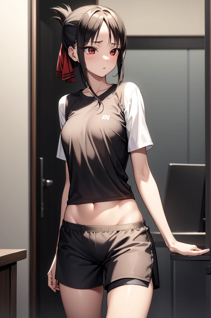 2d, masterpiece, best quality, anime, highly detailed, cowboy shot, 1girl, solo, kaguya shinomiya, red eyes, black hair, hort hair, folded ponytail, hair ribbon, gym shorts, sport shorts, shorts for woman, running shorts, casual sportshorts, shirt, sport shirt, oversized shirt, large oversized shirt, small , little chest, high quality, 8k, best picture, detailed, high resolution, best pictrure, photo realistic, beautiful image, best image