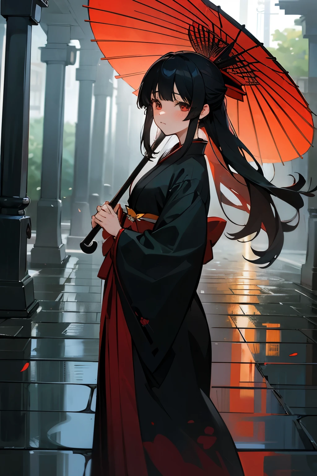 Anime Style。Taisho Romance。Japanese Beautiful Girl。Long black hair。Red kimono。Dark green hakama。clear。Pitiful。Hakage。Innocence。Shyness。Pure。Tang Umbrella。Cobblestone Street。gaslight。