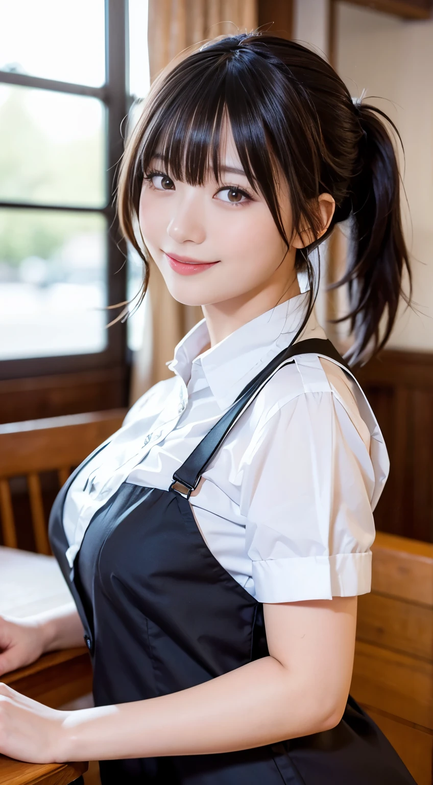 (highest quality,masterpiece:1.3,Ultra-high resolution,),(Very detailed,Caustics),(Photorealistic:1.4,RAW shooting,)Ultra-Realistic Capture,Very detailed,High resolution 16K human skin closeup。 Natural skin texture、,Pores、、、、It must be detailed enough to be easily identifiable。 Skin tone is even and healthy looking。 Use natural light and color,restaurant,Waitress Uniform,1 girl,Japanese,18-year-old,cute,Black-haired,ponytail,Big Breasts,smile,Turn your body forward,(Front view:1.1),Looking at the camera,Cowboy Shot,