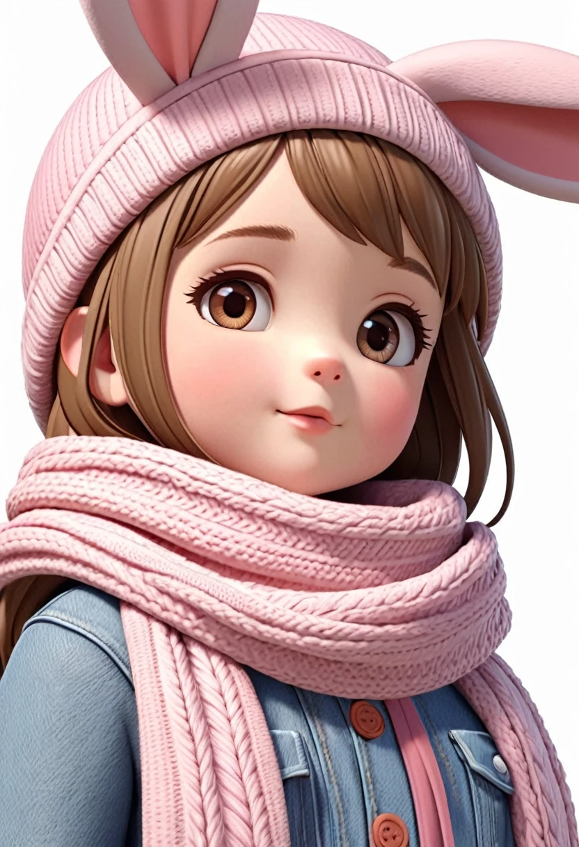 Q version of the cute wearing a bunny ears hat and scarf. Cute 3D cartoon style. Accurate anatomy. Extremely detailed texture. Cartoon character. Clear and detailed animation. High quality cartoon character. High quality realistic.