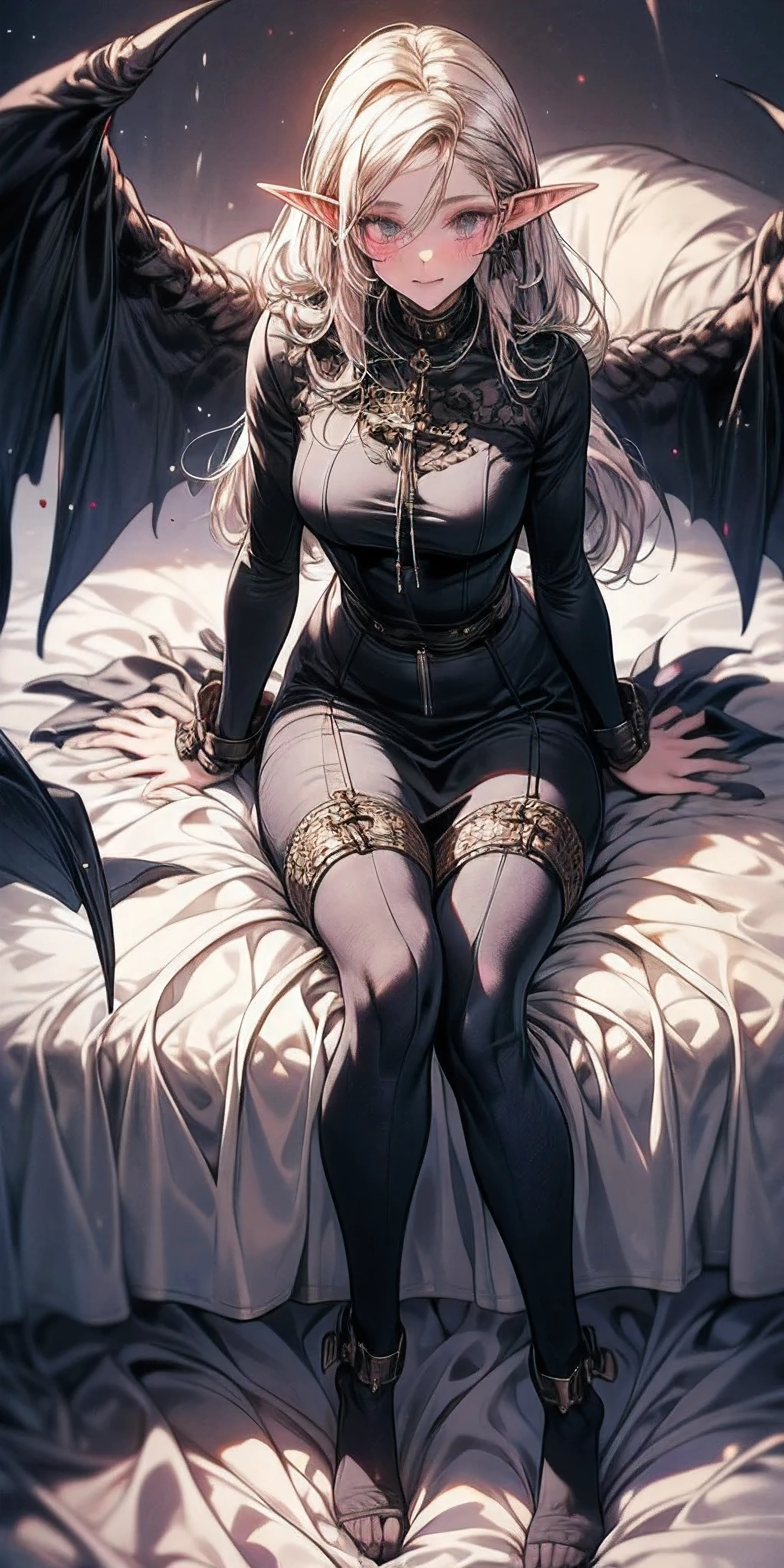 (masterpiece), (best quality), (ultra-detailed), line drawing, skindentation, (high resolution), (shackles on legs and arms inside bed), (high quality, best rendering), (8k), sharp focus, highres, 1girl, drow, purple colored skin, drow elf, pointy ears, full body, fetal positon on bed, (high quality:1.2), (high detail:1.2), (masterpiece:1.2), (extremely detailed:1.2)