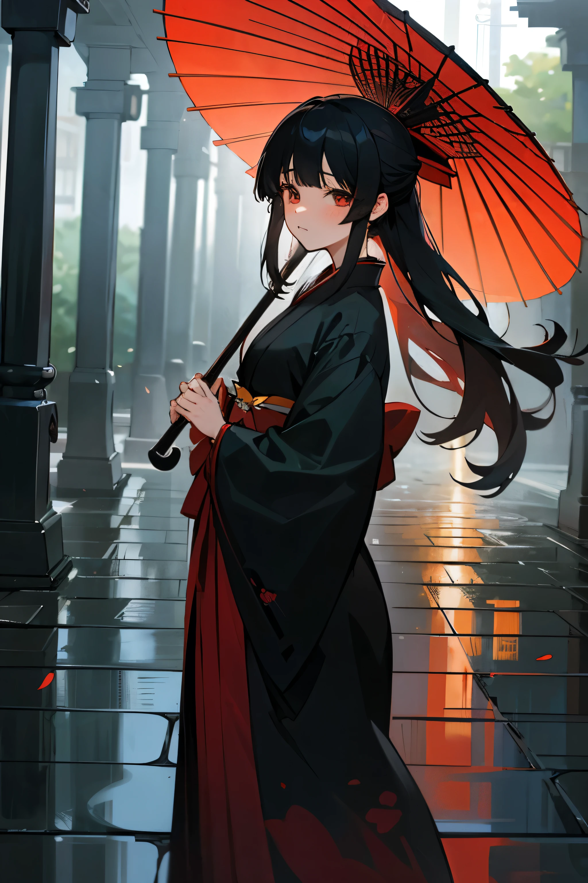 Anime Style。Taisho Romance。Japanese Beautiful Girl。Long black hair。Red kimono。Dark green hakama。clear。Pitiful。Hakage。Innocence。Shyness。Pure。Tang Umbrella。Cobblestone Street。gaslight。