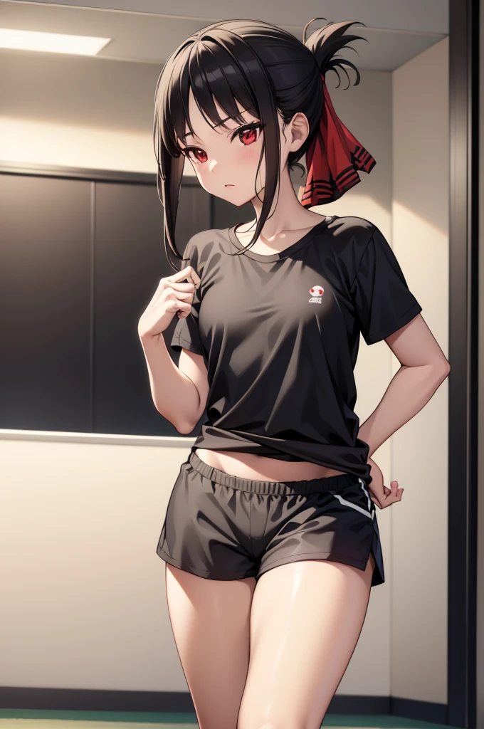 2d, masterpiece, best quality, anime, highly detailed, cowboy shot, 1girl, solo, kaguya shinomiya, red eyes, black hair, hort hair, folded ponytail, hair ribbon, gym shorts, sport shorts, shorts for woman, running shorts, casual sportshorts, shirt, sport shirt, oversized shirt, large oversized shirt, small breasts, little chest, high quality, 8k, best picture, detailed, high resolution, best pictrure, photo realistic, beautiful image, best image
