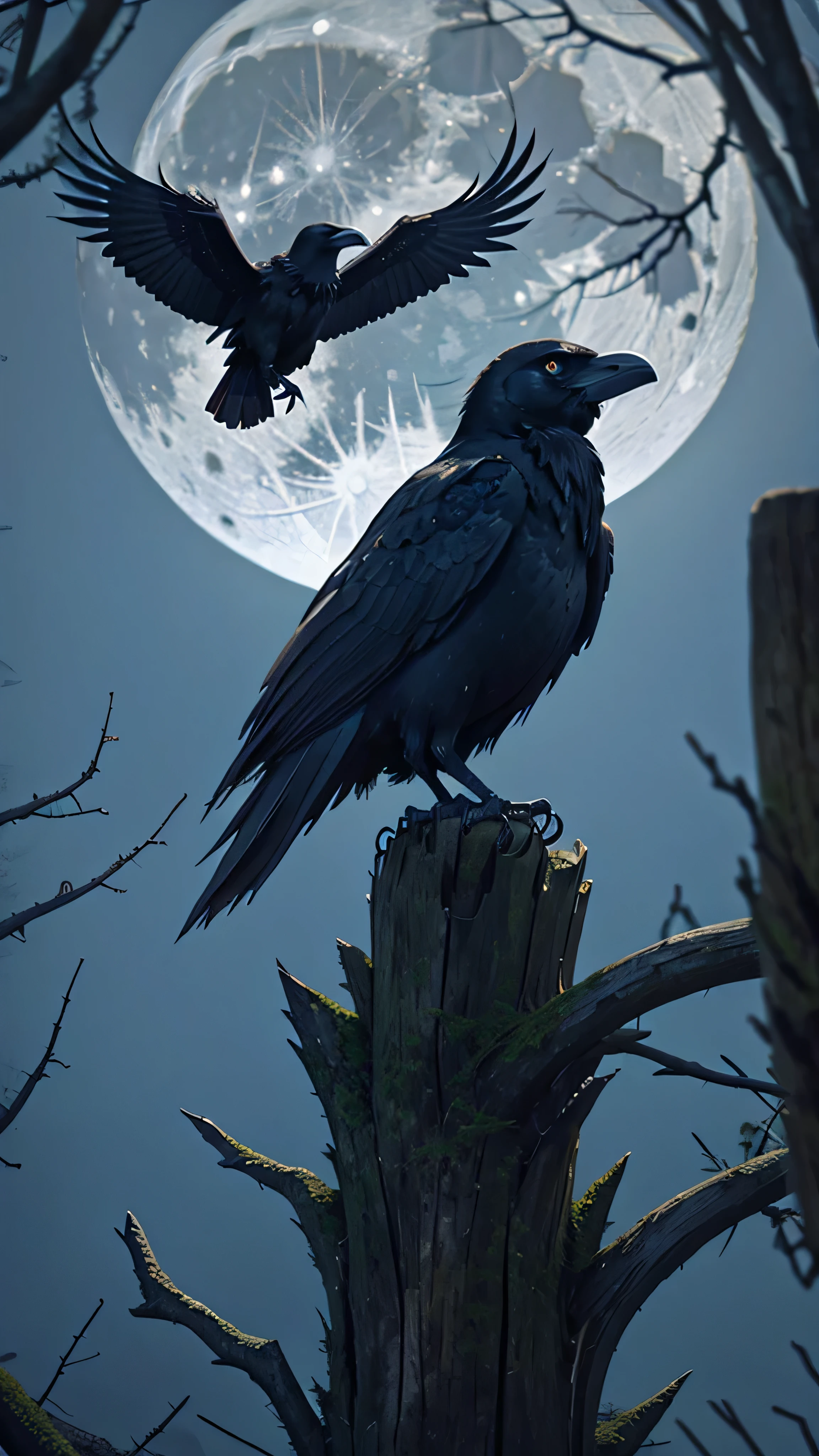 Raven, skull, night, full moon