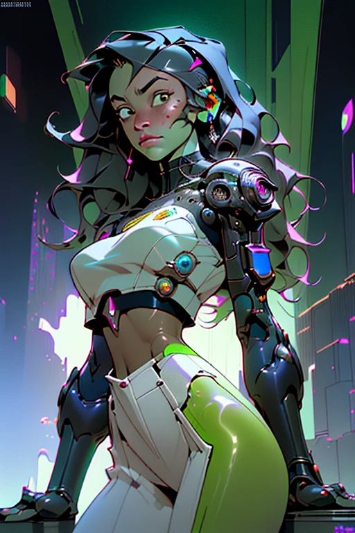 ((Best Quality)), ((Masterpiece)), (Very detailed:1.3), 3D, Cute (Cyberpunk:1.3) (sfw Female Hacker, thick hair, nsfw crop top, green skin), operating computer terminals , computer servers, LCD screens, fiber optic cables, corporate logos, HDR (High Dynamic Range), ray tracing, NVIDIA RTX, Super Resolution, Unreal 5, Subsurface scattering, PBR textures, Post-processing, anisotropic filtering, Depth of field , Maximum Sharpness and Sharpness, Multilayer textures, Specular and albedo mapping, surface shading, Precise simulation of light-material interactions, perfectly proportions, octane rendering, duotone lighting, low ISO, white-balance, rule of thirds, wide aperture, 8K RAW, high efficiency subpixels, Subpixel convolution, glow particles
