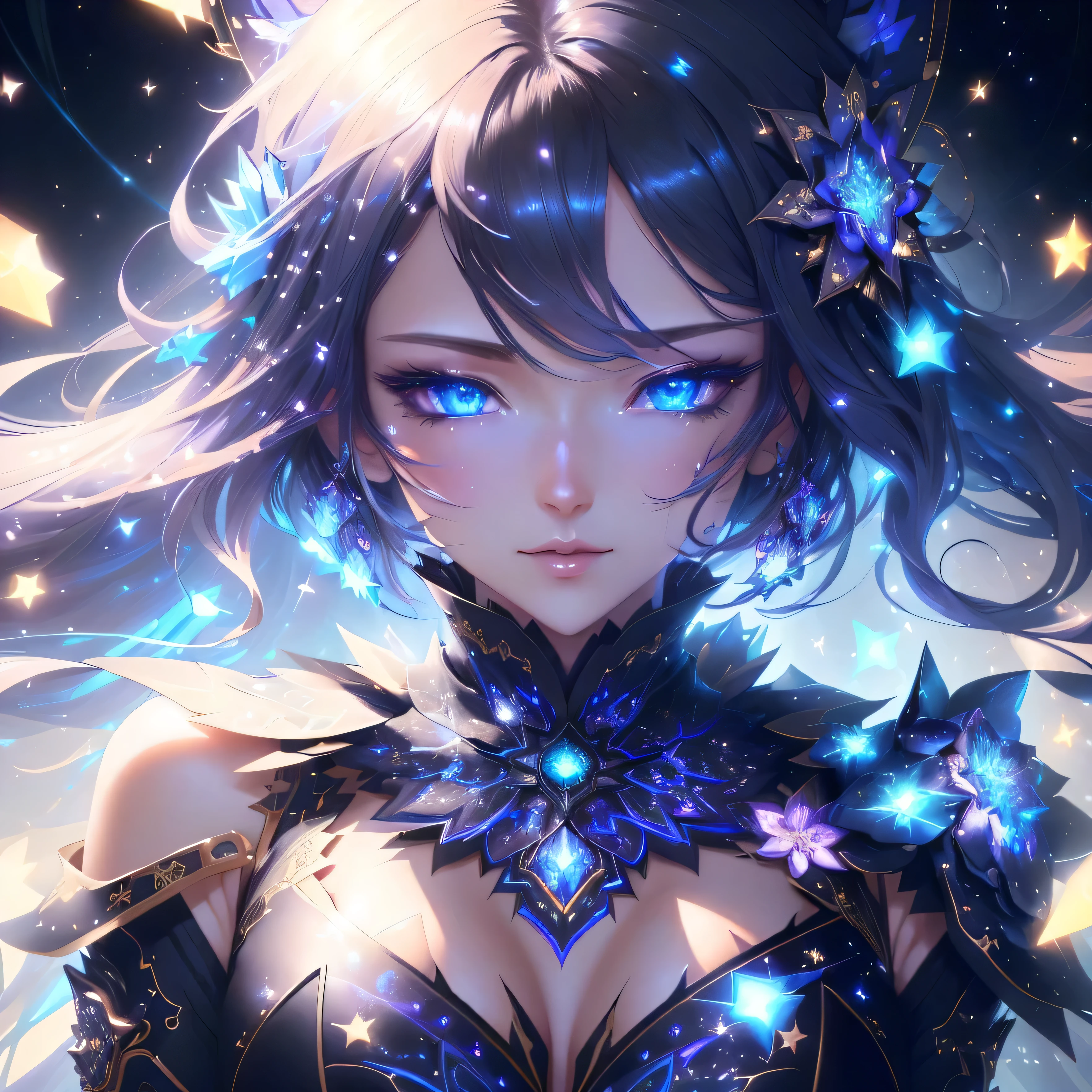 a woman with blue eyes and a black dress is surrounded by stars, detailed digital anime art, anime art wallpaper 4k, anime art wallpaper 4 k, anime style 4 k, digital anime art, anime fantasy illustration, beautiful anime artwork, intricate ornate anime cgi style, anime art wallpaper 8 k, anime wallpaper 4k, anime wallpaper 4 k, anime fantasy artwork, detailed, wide, fuul Emerland background,