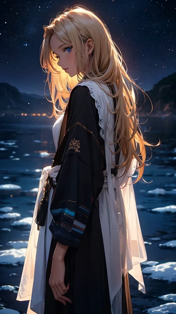1people々々々々々々々々々々々々々,Blonde long-haired woman,Long coat, Dress Silhouette, Rear View,Light overflowing from the palm of your hand,Space Sky, The boundary between sea and space,