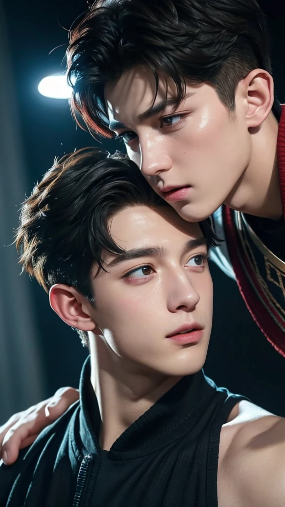 Jungkook and tom holland, A beautiful young man with intense, longing eyes, parted lips, and a delicate expression kissing another handsome man with intense passion, hyper-realistic, highly detailed, cinematic lighting, warm color palette, masterpiece, 8k, photorealistic