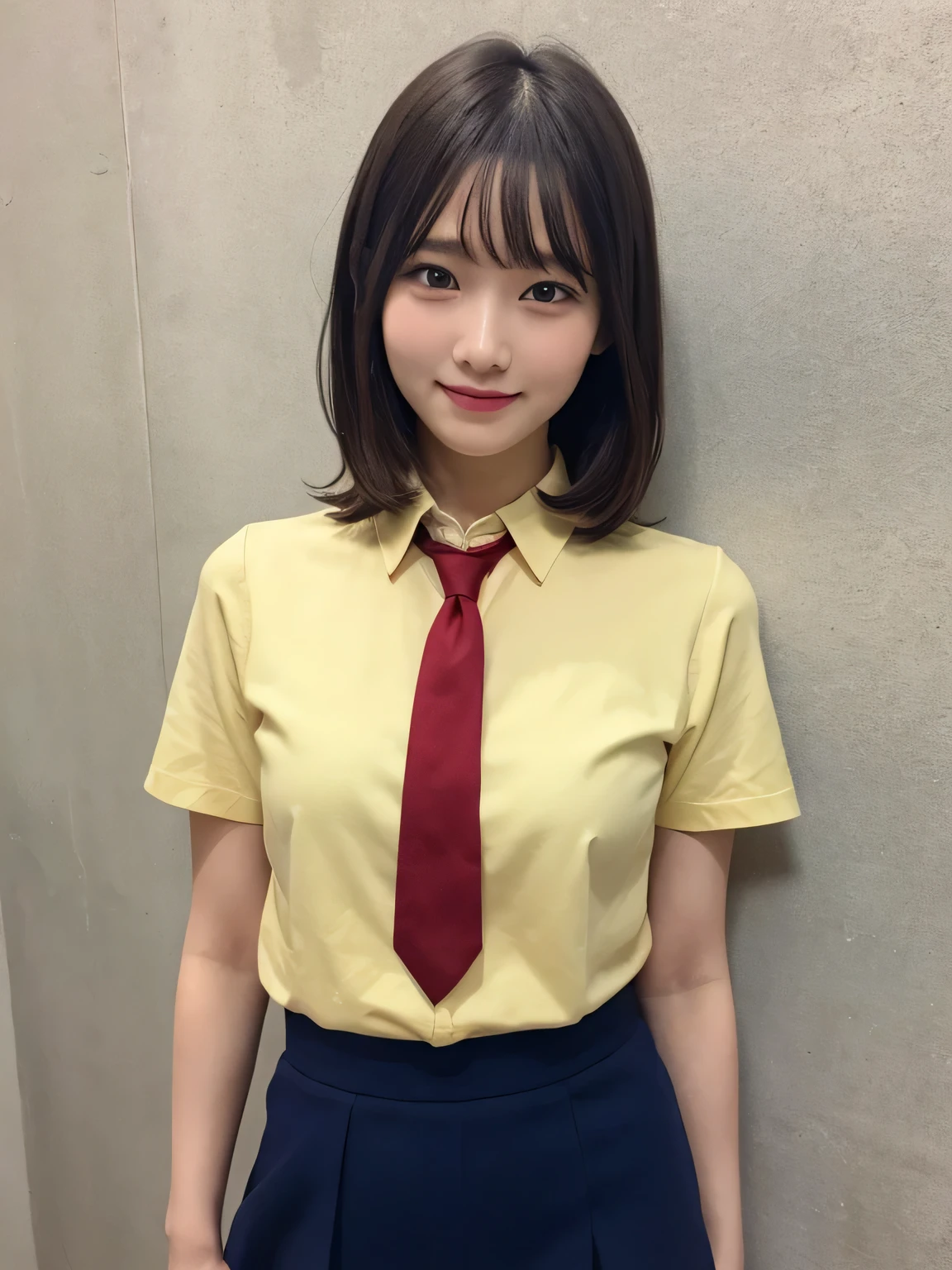 In detail,Full body photo、 One high school girl、High resolution, high quality、Slim body、Perfect dynamic composition, Beautiful fine details, Natural Shorthair、Natural color lip,Kamimei、、Clear Skin、Open-front short-sleeved shirt、Navy blue tie、Red mini skirt、Thighs、Shiny Hair、最high quality, figure, Very detailed, In detail, High resolution, 8k、The correct state of the human body、Sculpture model pose，Yellow wall,Thighs are visible、smile、