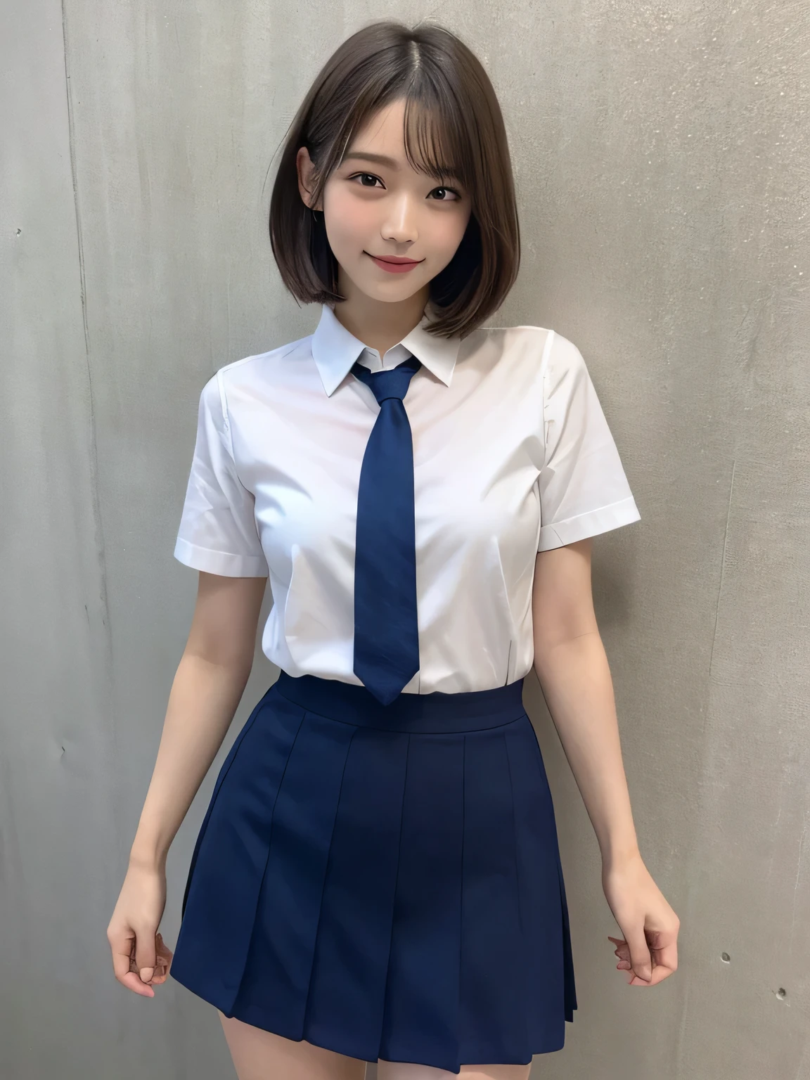 In detail,Full body photo、 One high school girl、High resolution, high quality、Slim body、Perfect dynamic composition, Beautiful fine details, Natural Shorthair、Natural color lip,Kamimei、、Clear Skin、Open-front short-sleeved shirt、Navy blue tie、Red mini skirt、Thighs、Shiny Hair、最high quality, figure, Very detailed, In detail, High resolution, 8k、The correct state of the human body、Sculpture model pose,Yellow wall,Thighs are visible、smile、