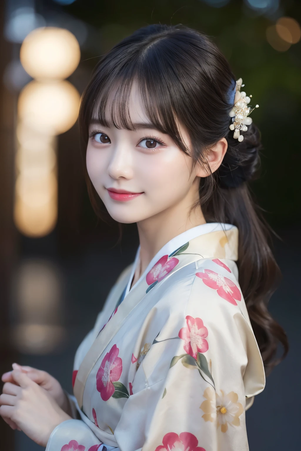 （kimono）、masterpiece、beautiful girl、Beautiful detailed eyes、highest quality, 超A high resolution, (reality: 1.2), Cinema Lighting、(Japanese Girls)、so beautiful、Beautiful Skin、(Looking at the audience)、(Surreal)、(High resolution)、(8k)、(Very detailed)、(Beautiful fine details)、(Very detailed)、 (wallpaper)、Detailed face、Bright lighting、Professional Lighting、Smile