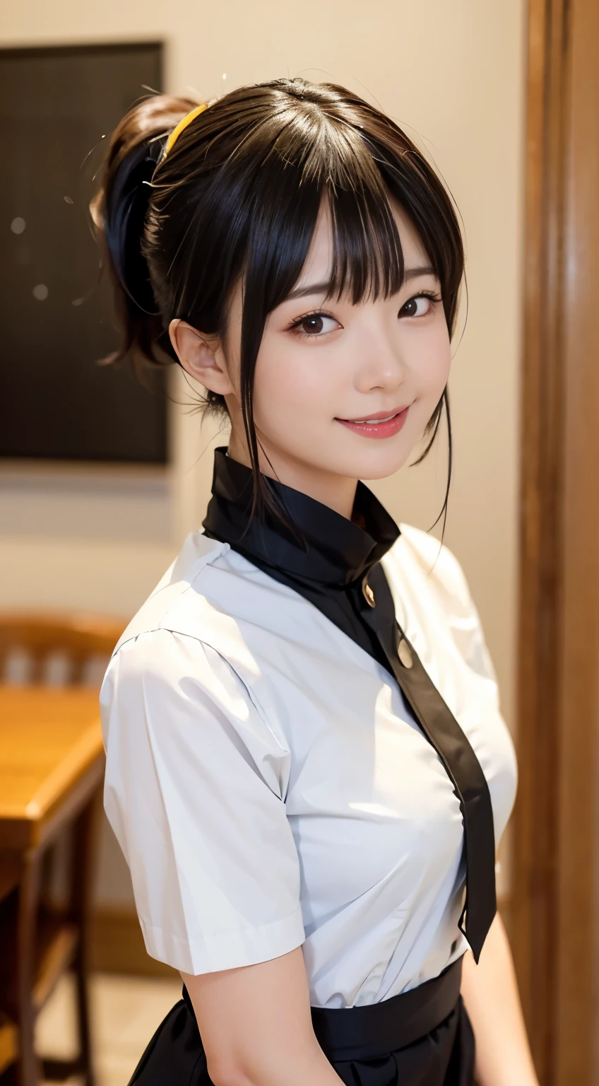 (highest quality,masterpiece:1.3,Ultra-high resolution,),(Very detailed,Caustics),(Photorealistic:1.4,RAW shooting,)Ultra-Realistic Capture,Very detailed,High resolution 16K human skin closeup。 Natural skin texture、,Pores、、、、It must be detailed enough to be easily identifiable。 Skin tone is even and healthy looking。 Use natural light and color,restaurant,Waitress Uniform,1 girl,Japanese,18-year-old,cute,Black-haired,ponytail,Big Breasts,smile,Turn your body forward,(Front view:1.1),Looking at the camera,Cowboy Shot,