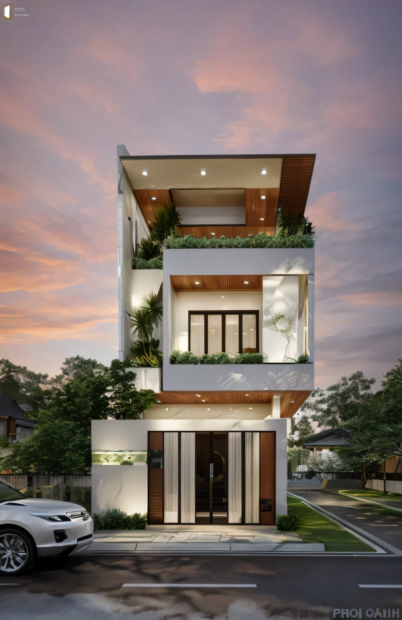 Exterior of house, mordern material decorations, (canopy in front of house:1.4), (a road in front of house:1.3), tree, sky, cloud, morning weather.