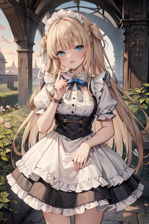 (8k, highest quality, Tabletop:1.2)、Ultra-high resolution, , Perfect Fingers, Detailed face, blue eyes, blonde, Straight hair, Long Hair, Black maid outfit, Western-style building、garden、{{{high detailed rifle}}}