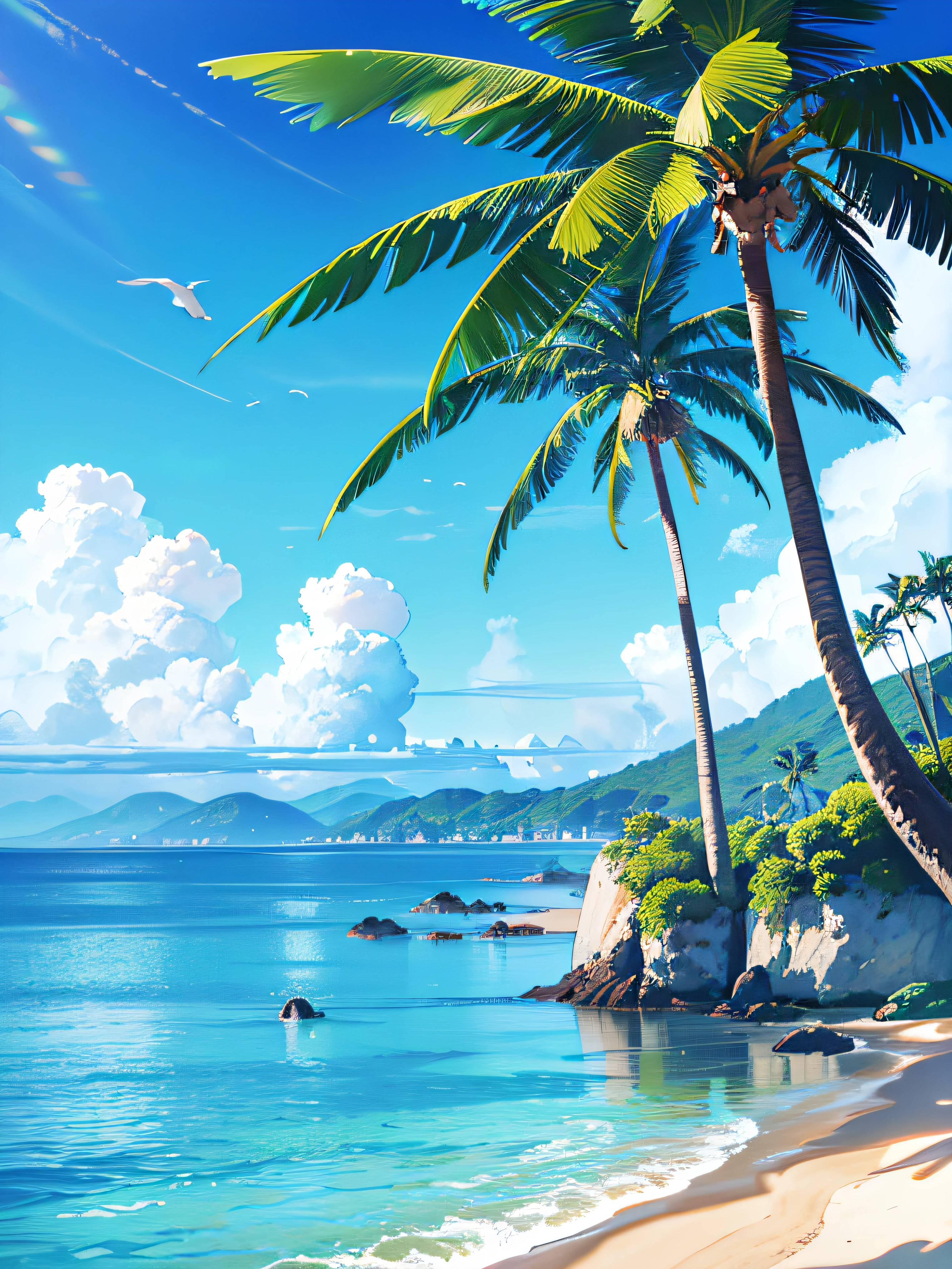 (best quality,4k,8K,High resolution,masterpiece:1.2),Extremely detailed,(Practical,photoPractical,photo-Practical:1.37),blue sky,White Cloud,birds in the distance,Sea,Great prospects,Vision,landscape,Waves,peaceful,peaceful,fresh air,peaceful的气氛,Soft sunlight,breeze,Beach,Seagull flying,Scenery,Endless Horizon,Vibrant colors,sky reflection on Sea surface,Lush greenery,The trees swayed,Palm tree, trunk,Mountains in the background,Magnificent beauty of nature,Harmony between land and sea,relaxing environment, Background only, Only the view,