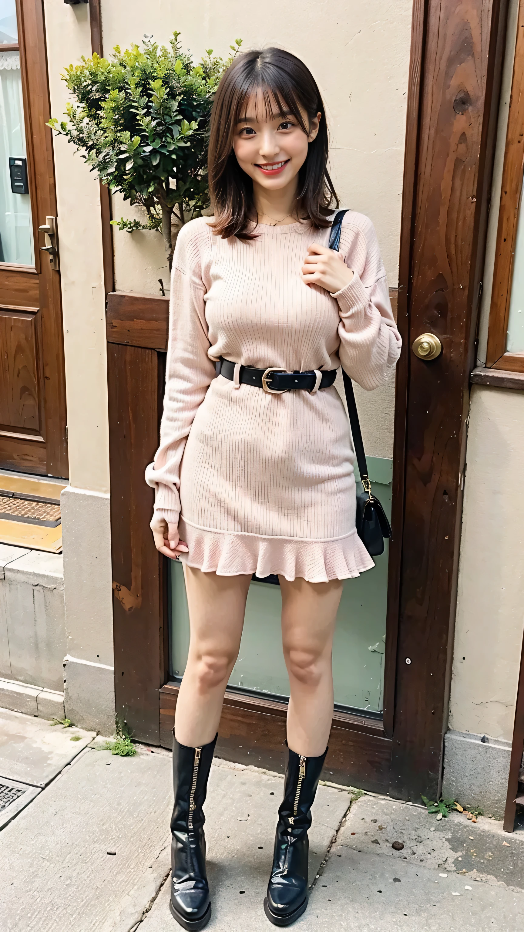 (8k、RAW Photos、highest quality、masterpiece:1.2)、(Realistic、Realistic)、1 girl、((Pink knit、Large Breasts、Frills、casual、In the city、ribbon、belt、boots、Are standing))、Lots of eyelashes、Glowing eyelids、skeletally correct