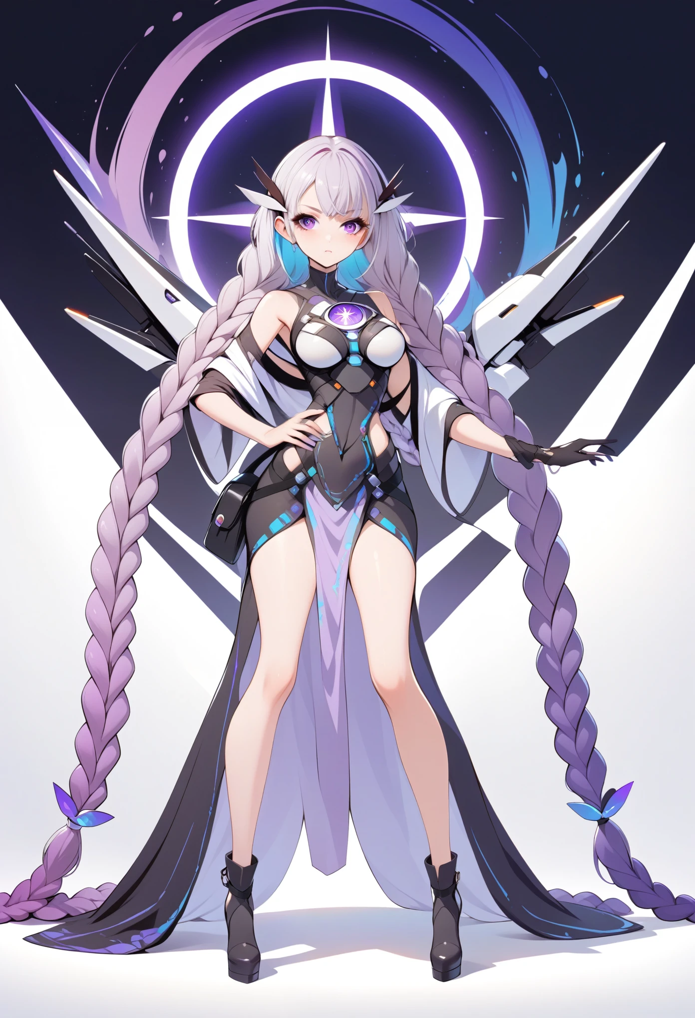 Elegant sexy girl,Purple Eyes,Long-very-long-twin-braids。Vector,Bright colors