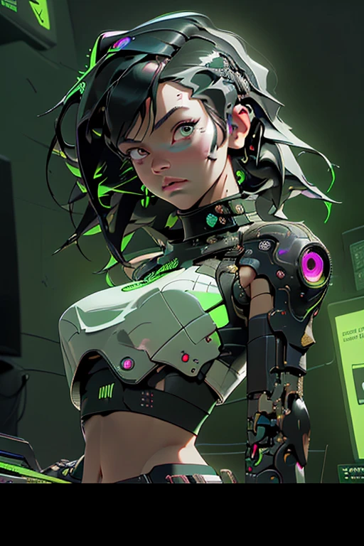 ((Best Quality)), ((Masterpiece)), (Very detailed:1.3), 3D, Cute (Cyberpunk:1.3) (sfw Female Hacker, thick hair, nsfw crop top, green skin), operating computer terminals , computer servers, LCD screens, fiber optic cables, corporate logos, HDR (High Dynamic Range), ray tracing, NVIDIA RTX, Super Resolution, Unreal 5, Subsurface scattering, PBR textures, Post-processing, anisotropic filtering, Depth of field , Maximum Sharpness and Sharpness, Multilayer textures, Specular and albedo mapping, surface shading, Precise simulation of light-material interactions, perfectly proportions, octane rendering, duotone lighting, low ISO, white-balance, rule of thirds, wide aperture, 8K RAW, high efficiency subpixels, Subpixel convolution, glow particles