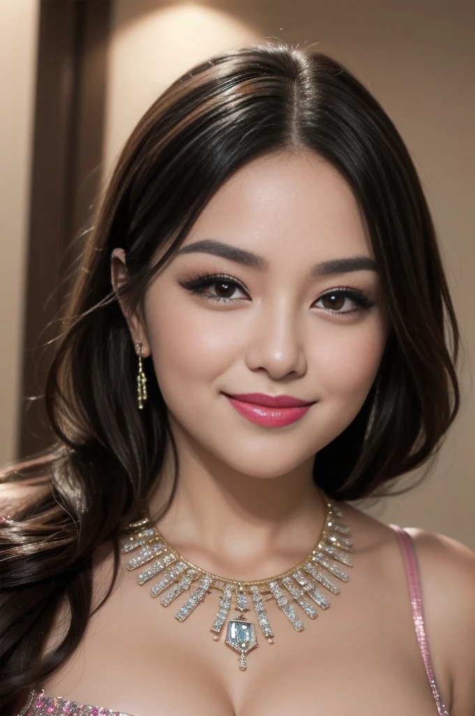 RAW Photos, Digital single-lens reflex camera, Soft lighting, Film Grain, 16k wallpaper, masterpiece, highest quality, Very detailed, 40~50 years old, Full Body Shot, Mature Woman, beautiful, Mature Woman, 魅惑的なsmile, Thick lips, Thick lips eyelashes, Looking at the audience, Provocative expression, Glossのある髪, Curvaceous and seductive face,Mischievous face,,An inviting gaze,Emphasis on anatomical balance of the human body,A gentle gaze,smile, 妖Gloss,Pink lipstick,Pink Eyeshadow,Luxurious appearance,perfectionなボディ、accessories,Each part of the body is anatomically very well structured.., perfection,Best Necklace、Unparalleled beauty、2 wrists、2Book legs、One Face、Glossy Woman、Luxurious appearance、play、smile、caress、Gloss、超滑らかな肌highest qualityのコーディネート、Great background、Super high-end、Nice、Sparkling eyes、(((Wear sparkling jewelry)))、(((1 female)))