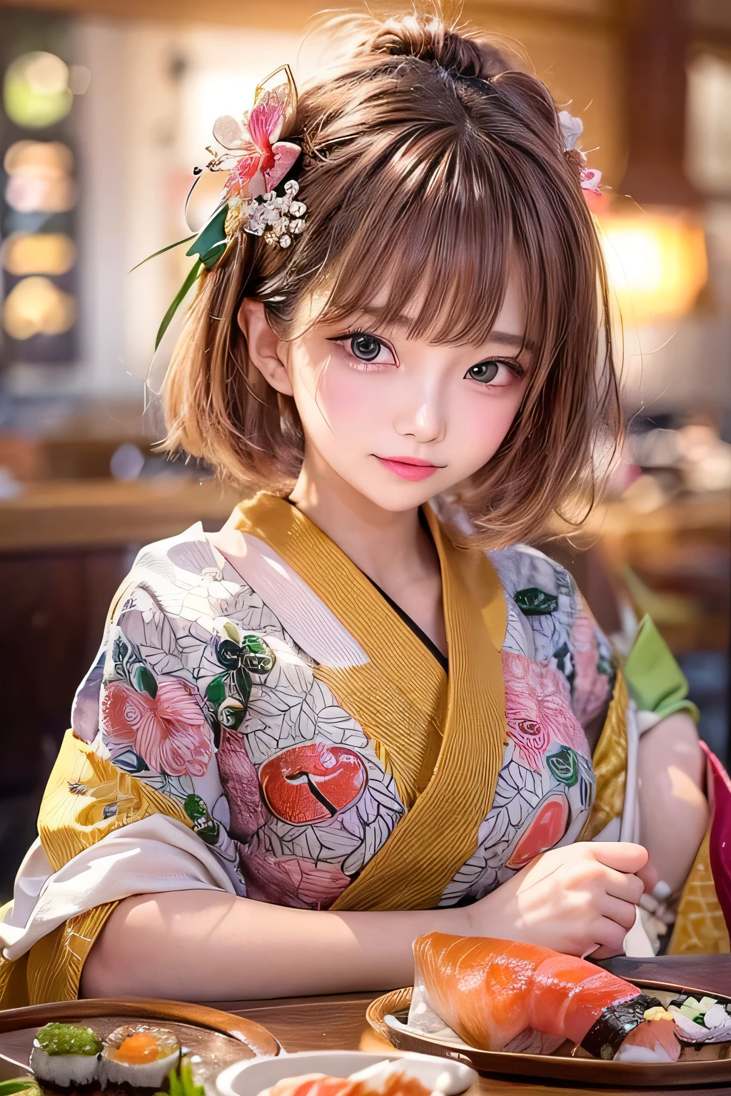 masterpiece, 1 Beautiful girl, Fine grain, highest quality, Ultra High resolution, (reality: 1.4), Cinema Lighting, Beautiful Skin, (Ultra-realistic), (High resolution), (8k), (Very detailed), ( Best illustrations), Pouting slightly, (Crystal colorful lights), Extremely refined and beautiful, beautiful detailed eyes, Round eyes, detailed facial features, (Round pupils:1.4), (alluring face), Smiling lips, (Medium breasts:1.3), A shallow smile, Open lips, (Beautiful and detailed face, Beautiful and delicate eyes), pink cheek, mascara, brown hair, short hair, (Eating sushi:1.3), (full body:1.3), wearing a kimono, sushi bar, Sushi and beer on the desk,