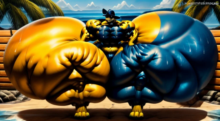 4k, high resolution, best quality, perfect lightning, perfect, solo, anthro, young, boy,golden yellow wolf:2.0, furry body, (fluffy mane:1.2), fluffy tail, male, adult, (bulky2:0, thick muscles2:0, huge muscles:2.0, hyper muscles:2.0), (thick biceps, veiny biceps, broad shoulders:2.0), (thick legs, thick calves:1.1), (digitigrade legs, 4 toes:1.2), perfect colors, (photorealistic fur, detailed fur, epic, masterpiece), (suggestive posing:1.2), (seductive smile, lustful grin 1.3), detailed beach,detailed wolf eyes:2.0, by k0suna, by darkgem,nipple ring,hyper arms:2.0,veins,white body,golden yellow fur,hyper butt:2.0,hyper paws:2.0,standing,thick legs,thick butts:2.0,sweat body:2.0,massive butt:2.0,black hat,hyper ass:2.0,huge ass,long legs,juicy butt:2.0,butt like a wall