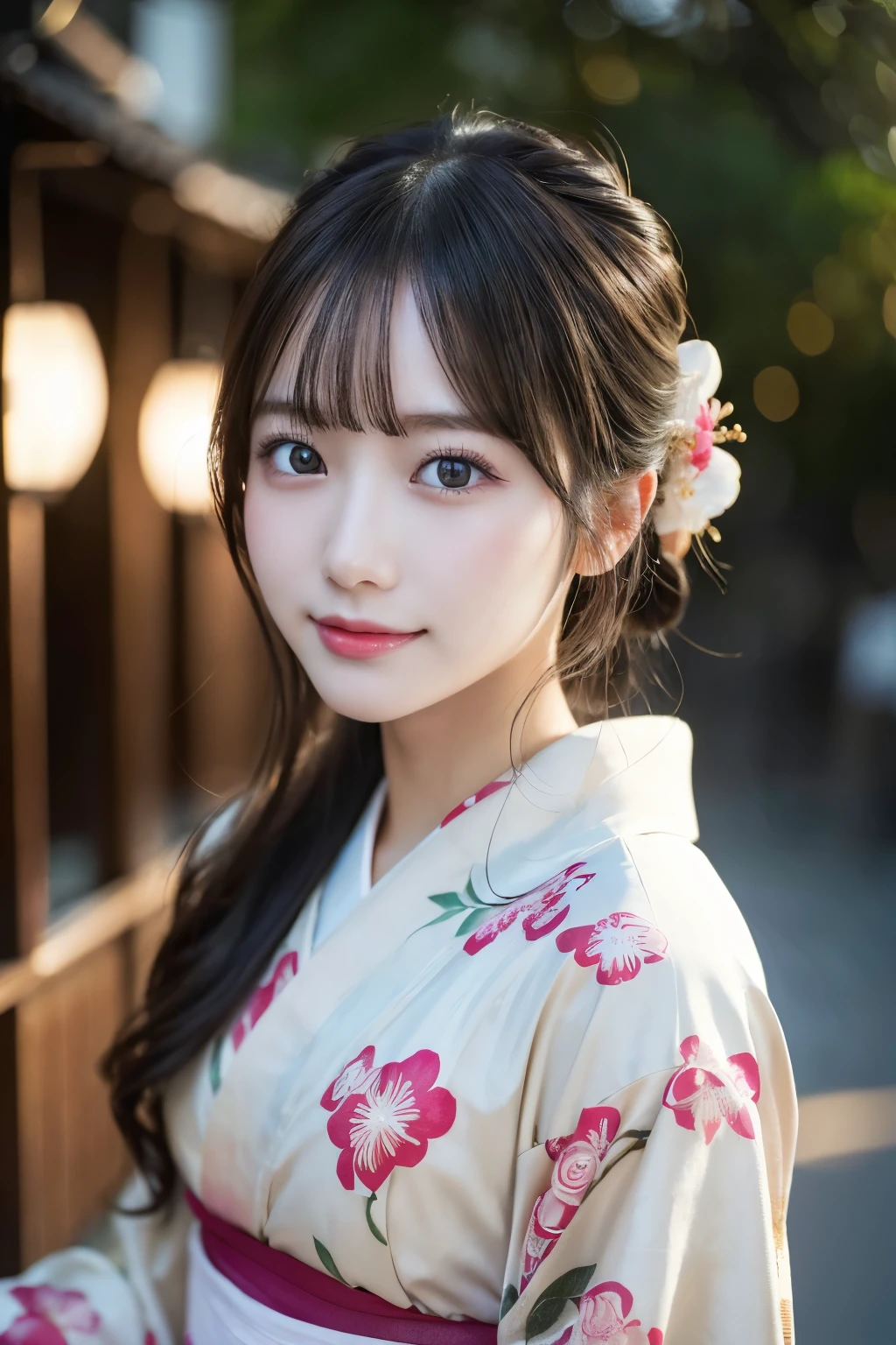 (kimono)、masterpiece、beautiful girl、Beautiful detailed eyes、highest quality, 超A high resolution, (reality: 1.2), Cinema Lighting、(Japanese Girls)、so beautiful、Beautiful Skin、(Looking at the audience)、(Surreal)、(High resolution)、(8k)、(Very detailed)、(Beautiful fine details)、(Very detailed)、 (wallpaper)、Detailed face、Bright lighting、Professional Lighting、Smile