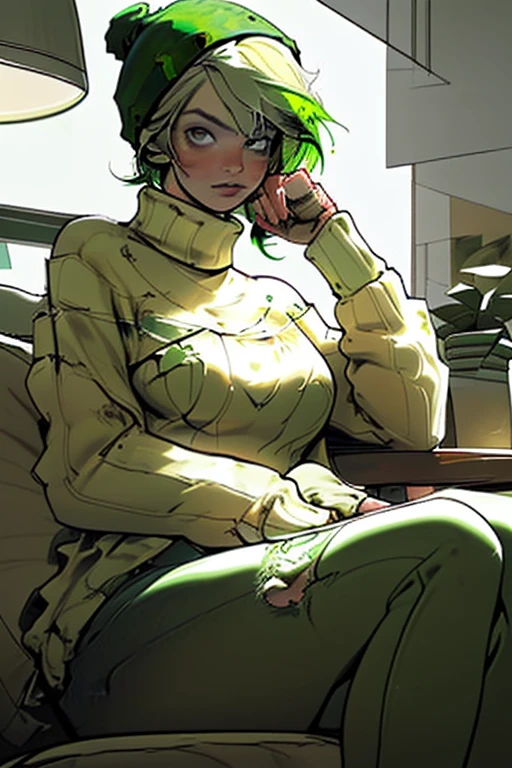 1girl(green hair, medium breasts, solo, Coffee shop, green hair, beanie, sweater, jeans, sitting on chair, dynamic pose, indoors, 