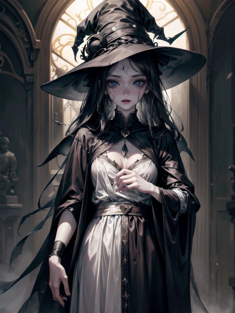 whole body, Witch Clothes, Witch Hat, absurdres, RAW photo, extremely delicate and beautiful, masterpiece, Best Quality, ultra high resolution, 32k, hyperrealistic, ultra-detailed, perfect figure, detailed description, pale skin, 20 years old, detailed beautiful face and eyes, tearful mole, earring, short medium hair, wavy hair, 