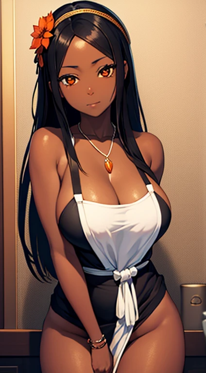 (masterpiece), best quality, expressive eyes, perfect face, black ebony skin, half naked, large open neckline, white apron, sleeveless, perfect shaped body, long hair, black hair, orange eyes, large breast, standing, thigh, cleavages, black skin, ultra realistic detailed orange eyes, long and open hair, looking at camera, innocent eyes, innocent face, very cute anime girl face, black skin anime girl, cute smile on her face, flower necklace on her head, wearing flower bracelets on her hand, thigh legs
