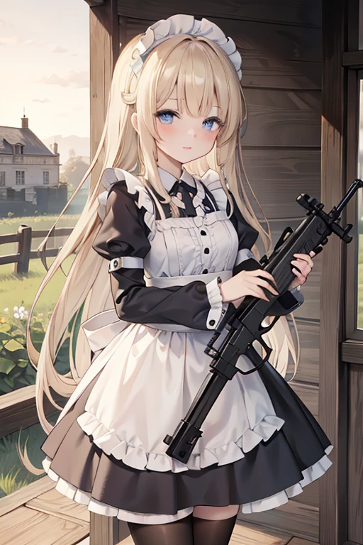 (8k, highest quality, Tabletop:1.2)、Ultra-high resolution, 14-year-old girl, Perfect Fingers, Detailed face, blue eyes, blonde, Straight hair, Long Hair, Black maid outfit, Western-style building、garden、Possession of a rifle、{{{High definition rifle}}}