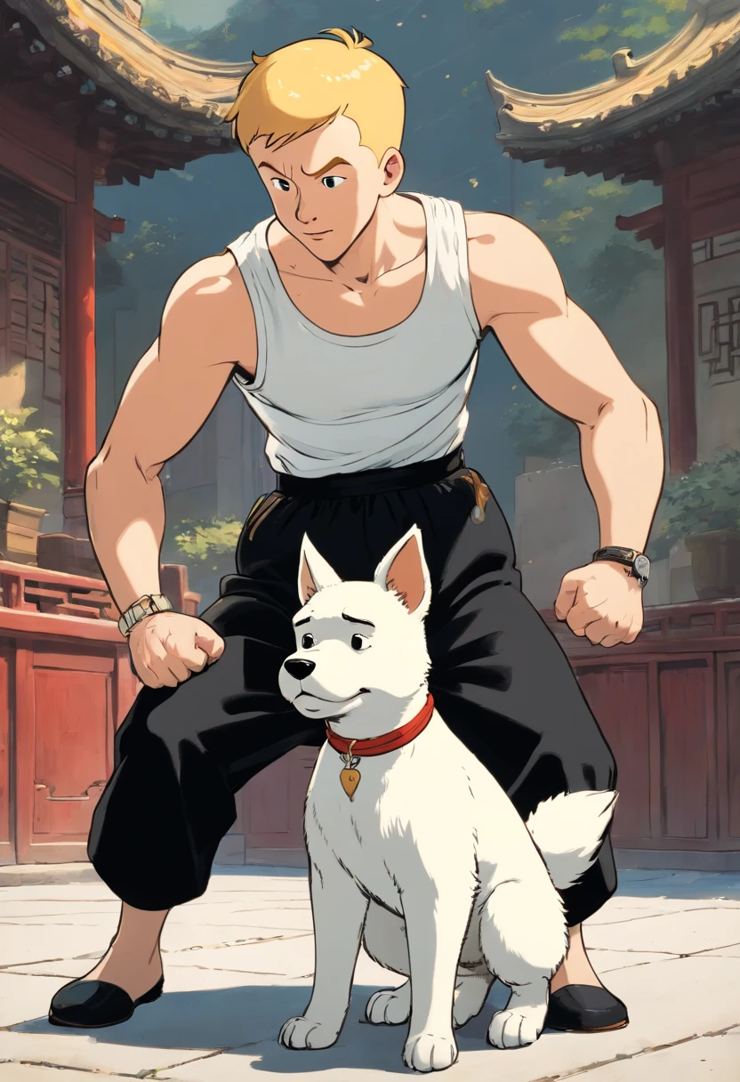 Tintin, male wearing white tank top and black Chinese pants, short blond hair, herge, european comics, fighting pose, Chinese dojo, with a little white fox terrier dog