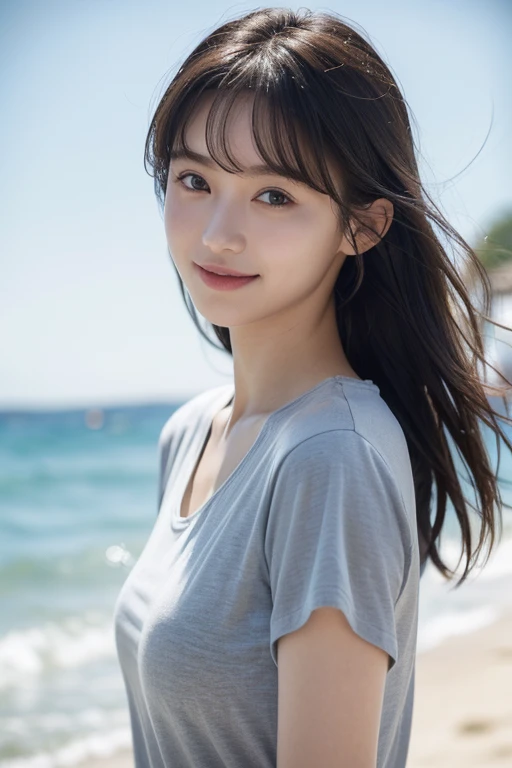 (masterpiece, Very detailed, Very detailed, Exquisite, 16k), woman, 19 years old, (Suppin breeze:1.6), No makeup, Looking at the audience, A refreshing smile, smile, Bob Hair, Fluffy hair, Diagonal bangs, Black Hair, Hair is wet, Kind eyes, Upper Body, Grey T-shirt, Blurry background in focus, Beach